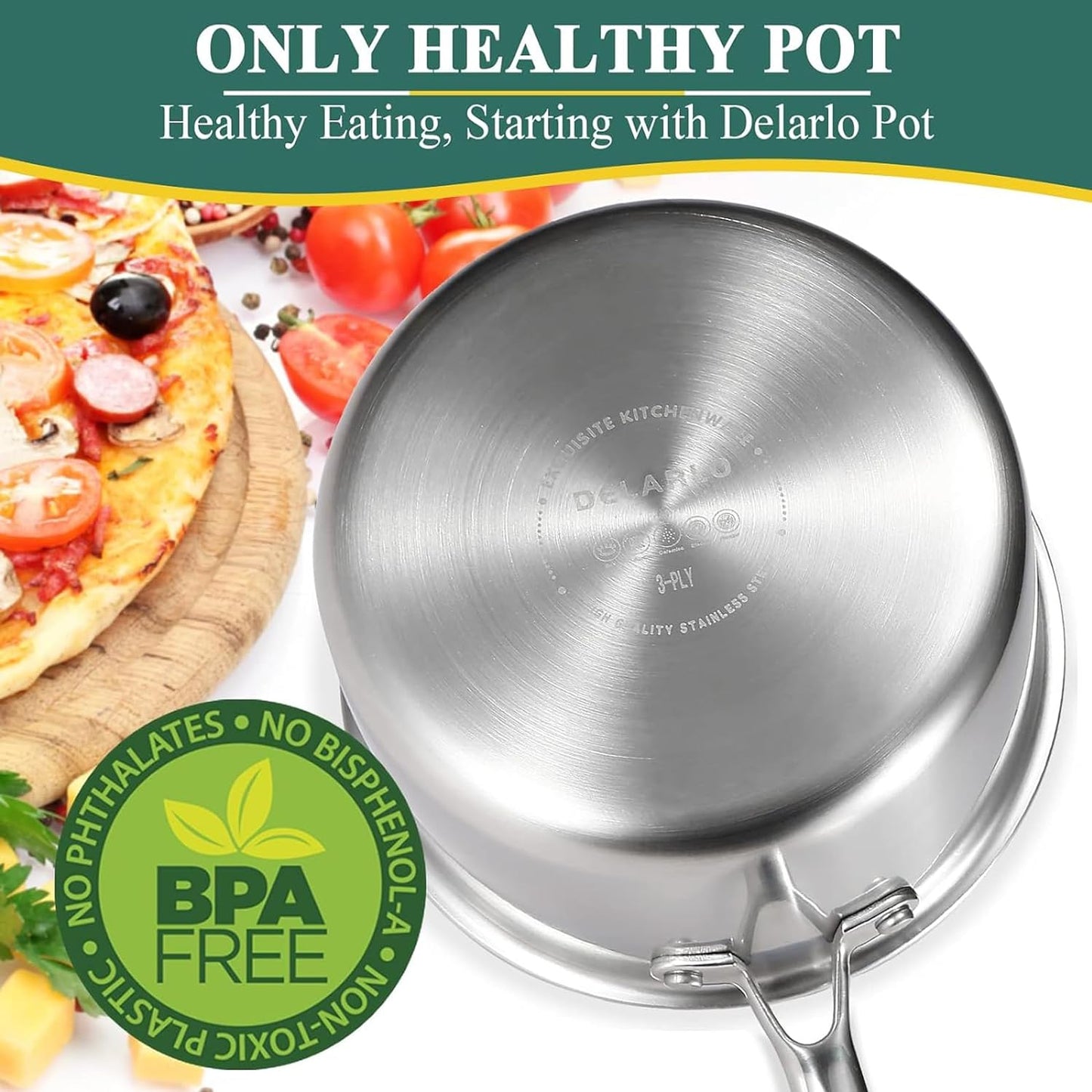 DELARLO Whole Body Tri-Ply Stainless Steel 3 Quart Saucepan with Lid, Oven Safe 600℉, Heavy Duty Saucier Pan 3 Quart, Fast and Even Heat, Kitchen and Dining Sauce Pot, Induction Pot(Lids 300℉)