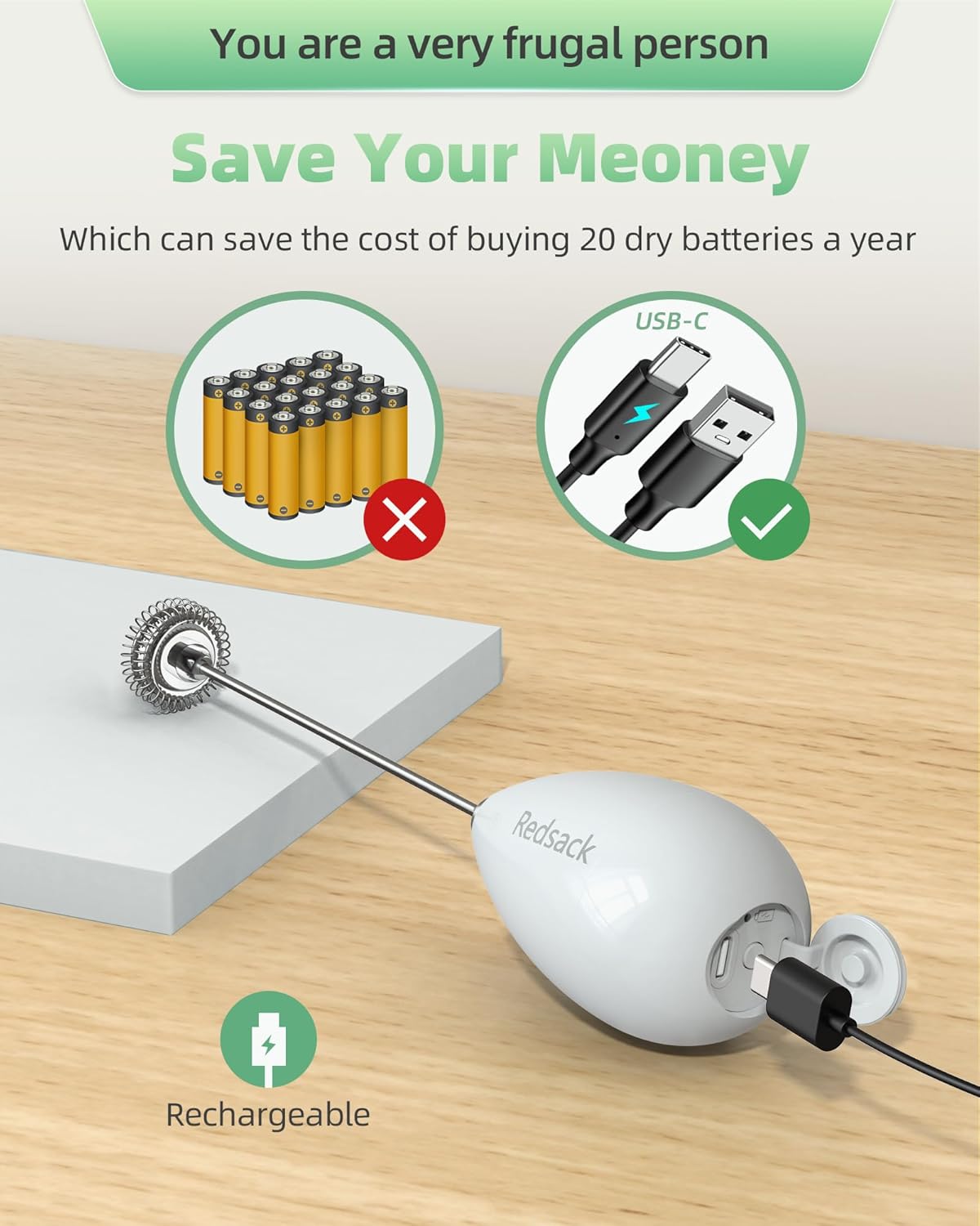 Milk Frother Handheld with Case,USB C Rechargeable Frother Wand for Coffee, Portable Electric Whisk with Stand,Waterproof Hand Drink Mixer Travel for Lattes, Cappuccino, Matcha, Egg (White)