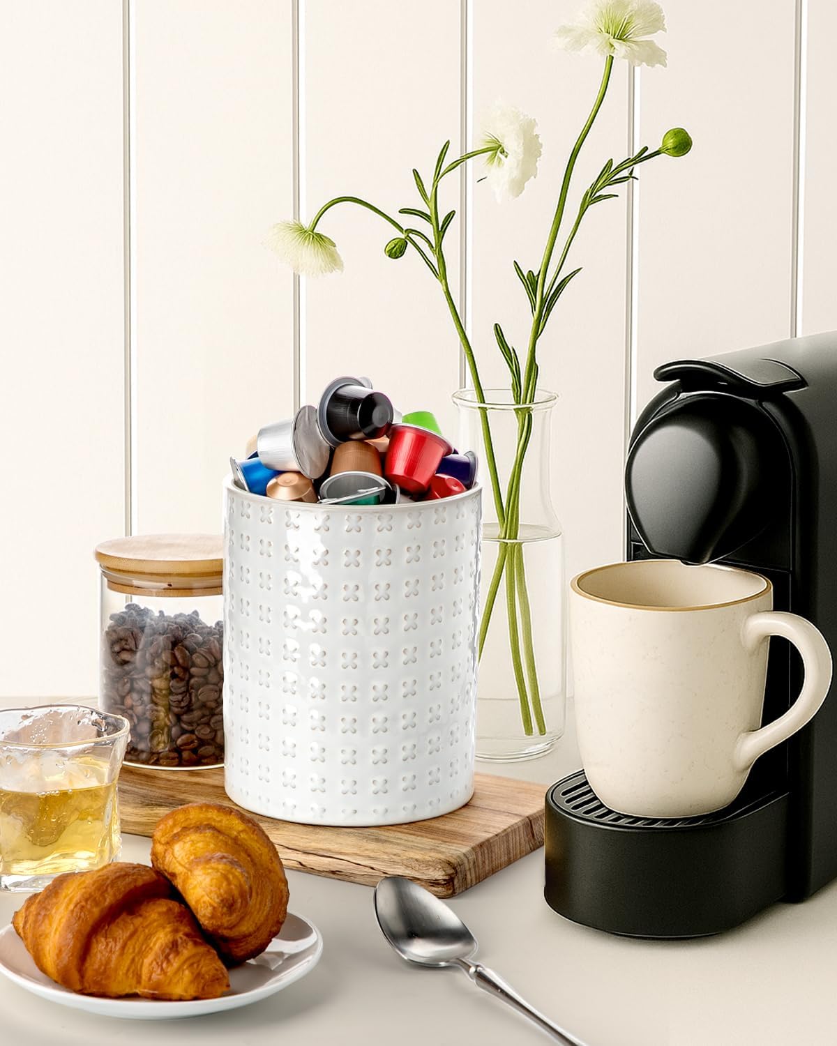 Nucookery 6.4'' Utensil Holder - Ceramic Utensil Holder for Kitchen Counter, Large Capacity Countertop Storage, Farmhouse Style Utensil Crock Organizer for Spoons, Spatulas & Cooking Tools