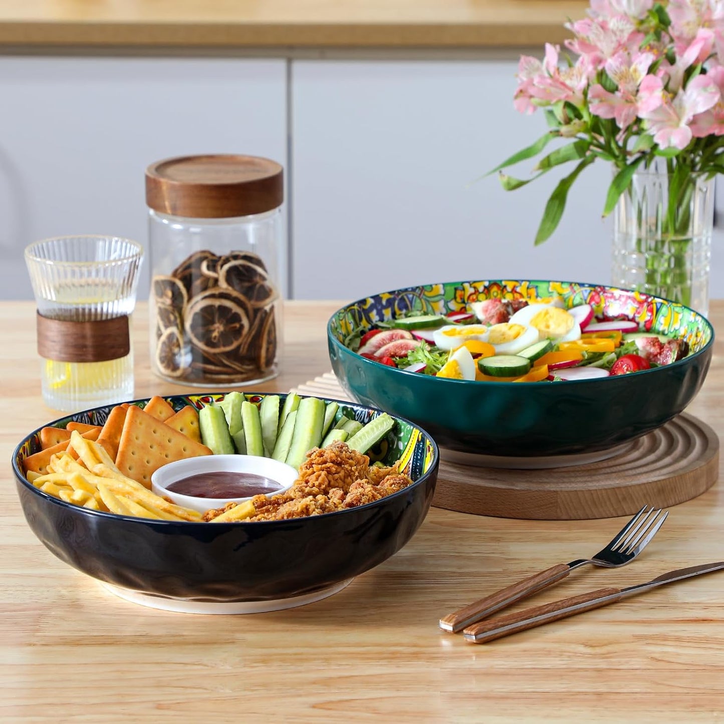 vancasso Large Serving Bowls, 78 Oz Extra Large Salad Bowls Set of 2, Bohemian Decorative Bowls for Salad, Fruit, Pasta and Dinner, Serving Dishes Set for Party, Dishwasher & Microwave Safe-Green