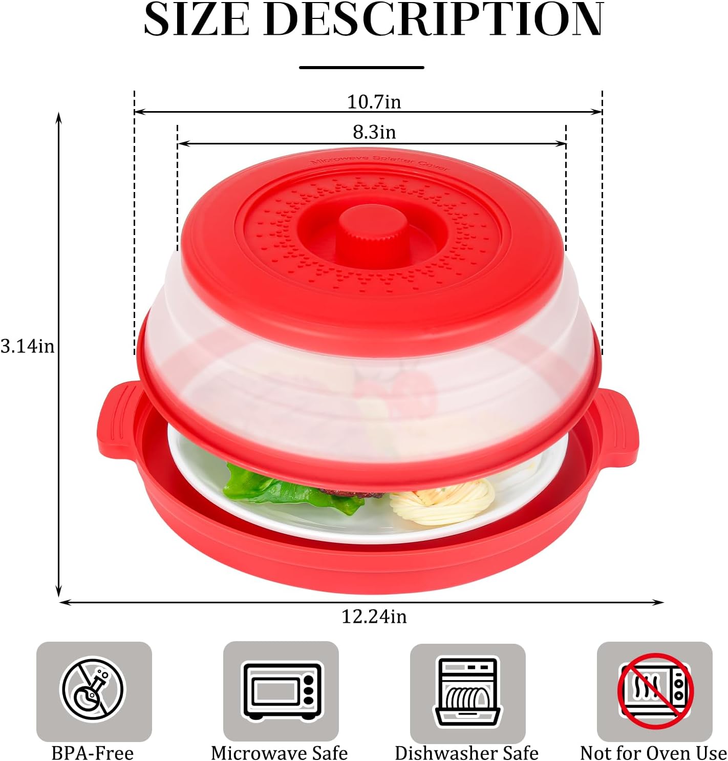 10.7 Inch Microwave Food Cover with Heat Insulation Mat, Anti-Scald Collapsible Microwave Splatter Cover, Multi-Functional as Colander & Fruit Plate, Dishwasher Safe, Ideal for Meal Prep (Red)