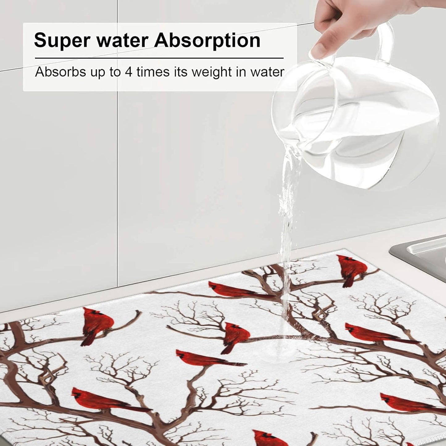 Winter Cardinal Birds Microfiber Dish Drying Mat for Kitchen Counter 18"x24" Christmas Dishes Drying Pad Dish Drainer Rack Mats Absorbent Washable Reusable Christmas Kitchen Home Holiday Decor