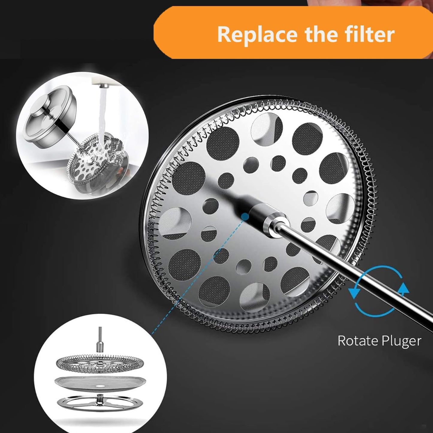 French Press Coffee Maker 34oz, Double-Wall Insulated French Press Stainless Steel 1L for travel camping, Included 2 Extra Screens and 1 Coffee Spoon (6-8cup 1000ml)