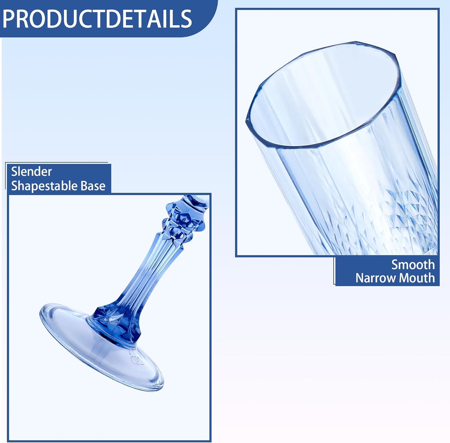 Plastic Champagne Flutes, 24PCS Blue Plastic Wine Glasses Goblets Reusable Champagne Flute for Weddings, Bachelor Parties, Toasting, and Events (24, Blue)