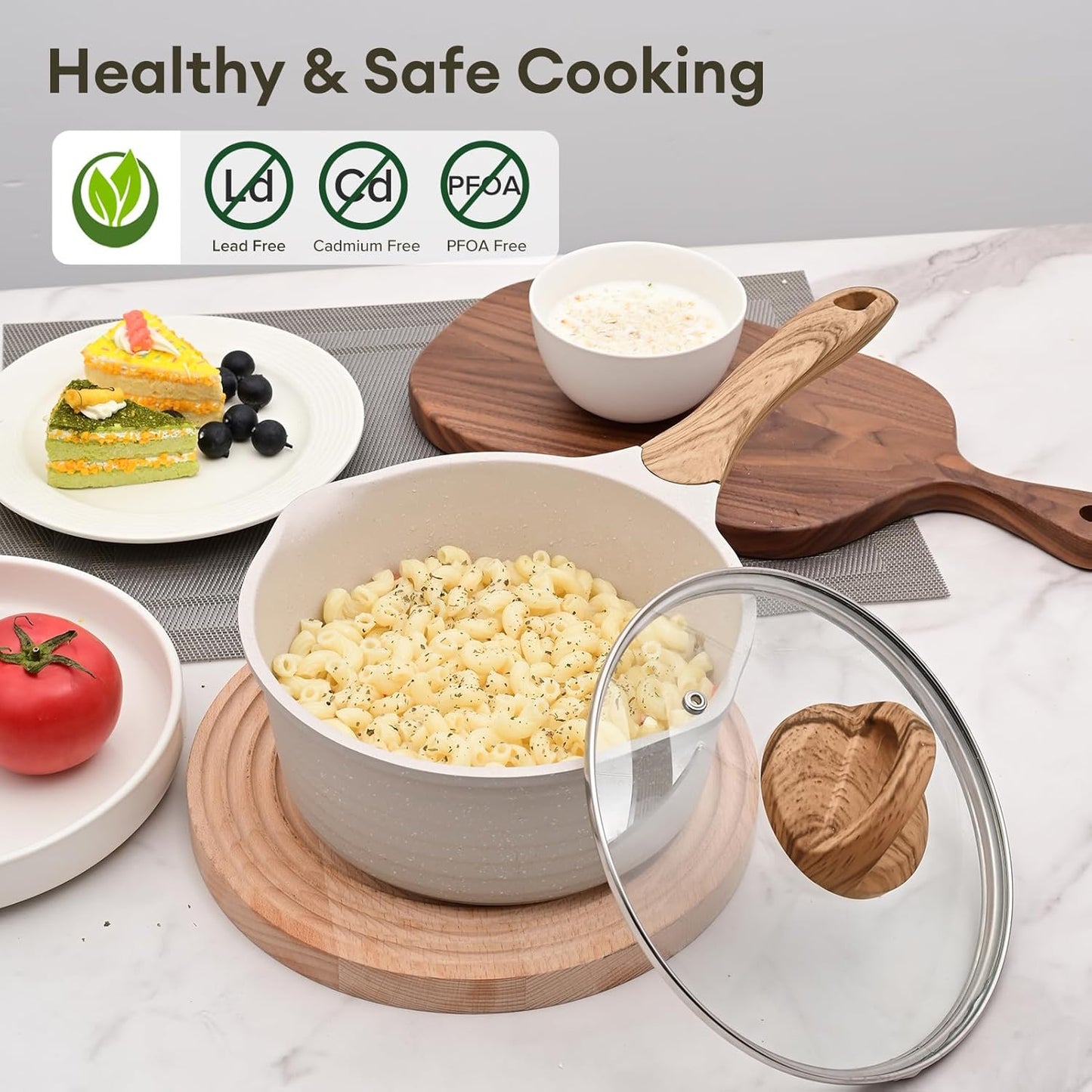 JEETEE 2.5 Quart Sauce Pan with Lid, Non Stick Small Pot with German Granite Coating, Masterclass Cookware Sauce Pot for Cooking, PFOA/PFOS Free(Beige)