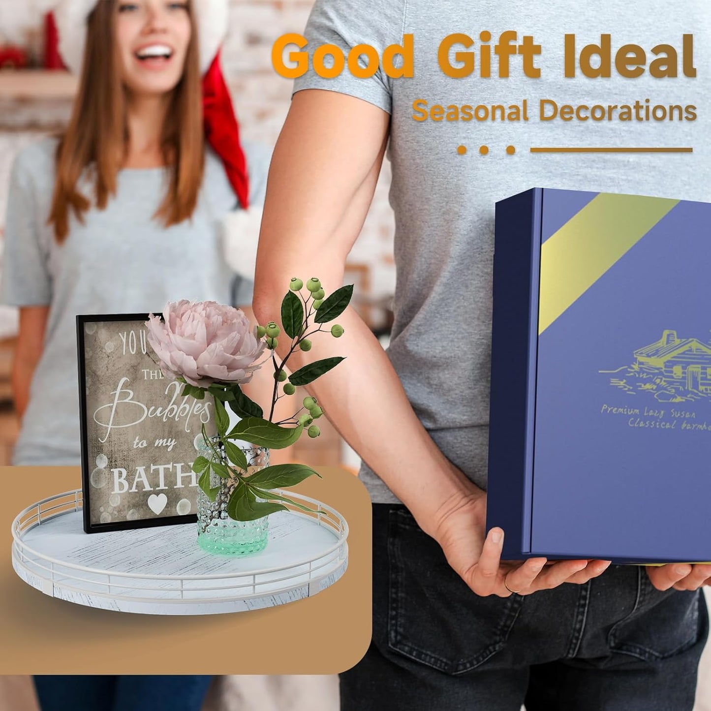 13" Oak Bathroom Vanity Tray Turntable for Perfume Candle, Round Wooden Decorative Tray for Kitchen Sink Countertop Organizer, Bathroom Counter Organizer for Skincare Makeup, Rustic White