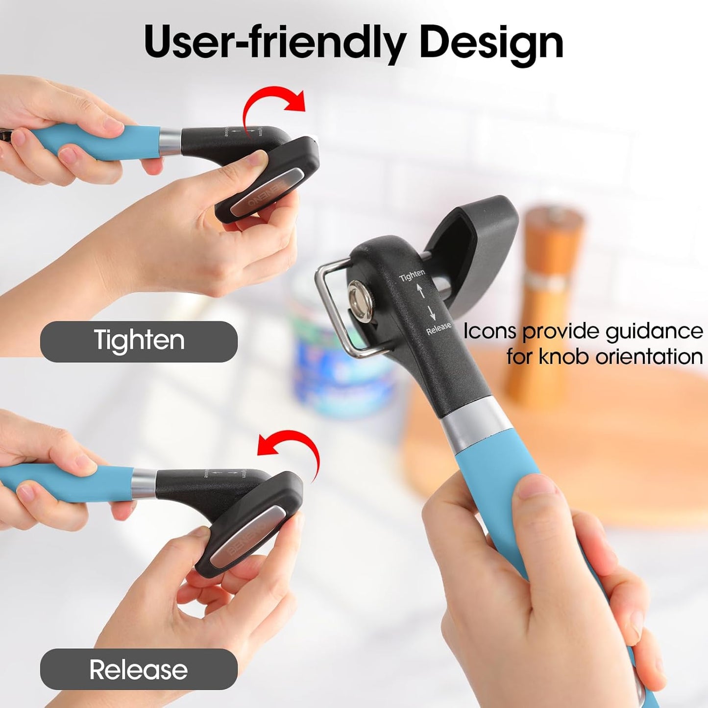 Beneno Can Opener, Manual Side Safe Cut Can Opener Smooth Edge with Durable Sharp Blade, Effort-Saving Knob & Comfortable Non-slip Handle, Aqua