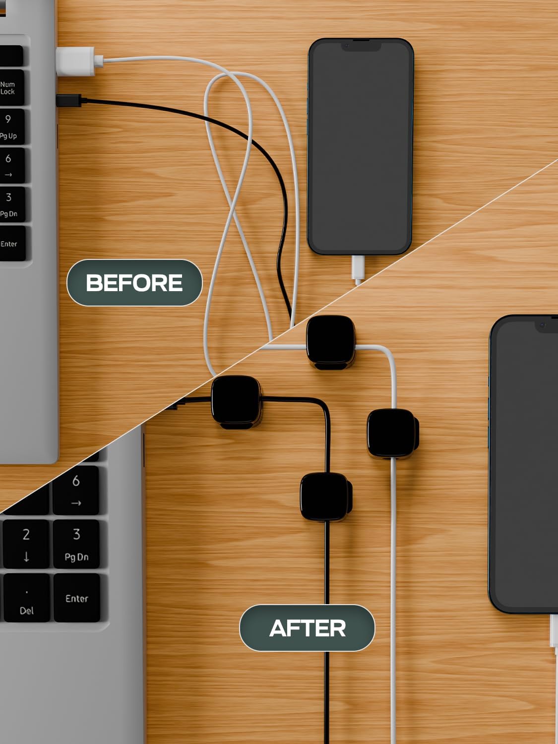 6-Pack Magnetic Cord Holder, Cord Holder with Strong Magnetic Lid, Holds Cables Firmly, 7 mm Charger Holder & HDMI Cord Organizer Clips, Strong Adhesive Pad (Black)