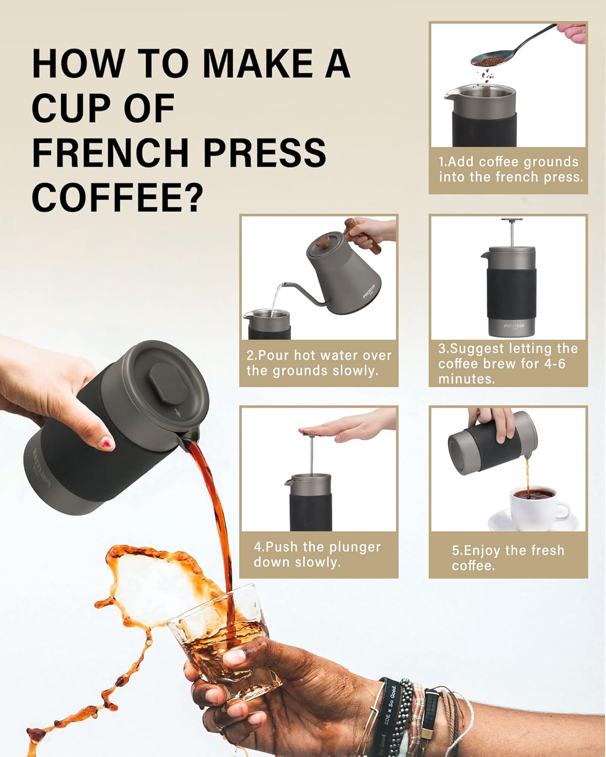 POLIVIAR French Press Coffee Maker, 12 oz Portable French Press with Mini Canister and Collection Bag, Double Wall Insulation & Dual- Filter Screen, Food Grade Stainless Steel for Coffee