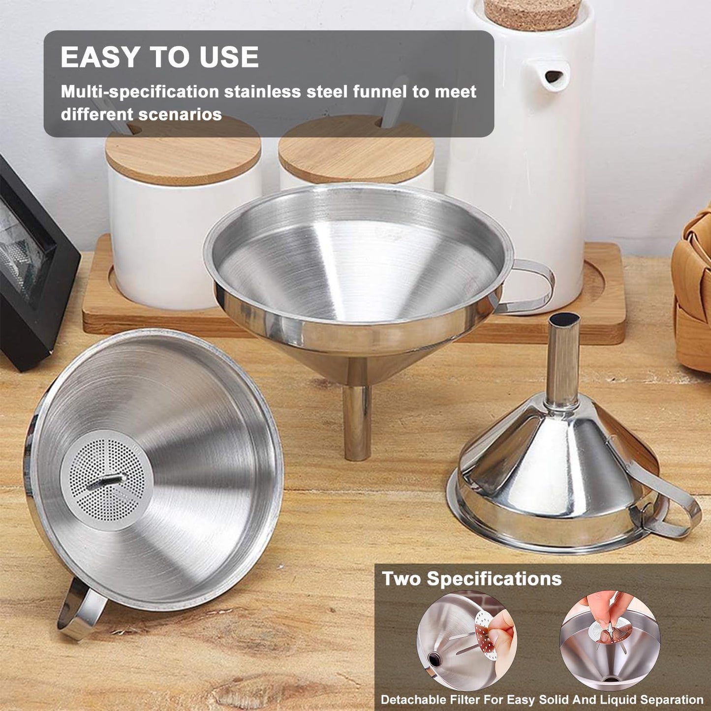Stainless Steel Funnels for Kitchen use,5 Different Sizes of Kitchen funnels,Metal Funnel with 2 Removable Strainer,Cleaning Brush,200 Mesh Food Filter,for Transferring of Liquid,Oils,Jam
