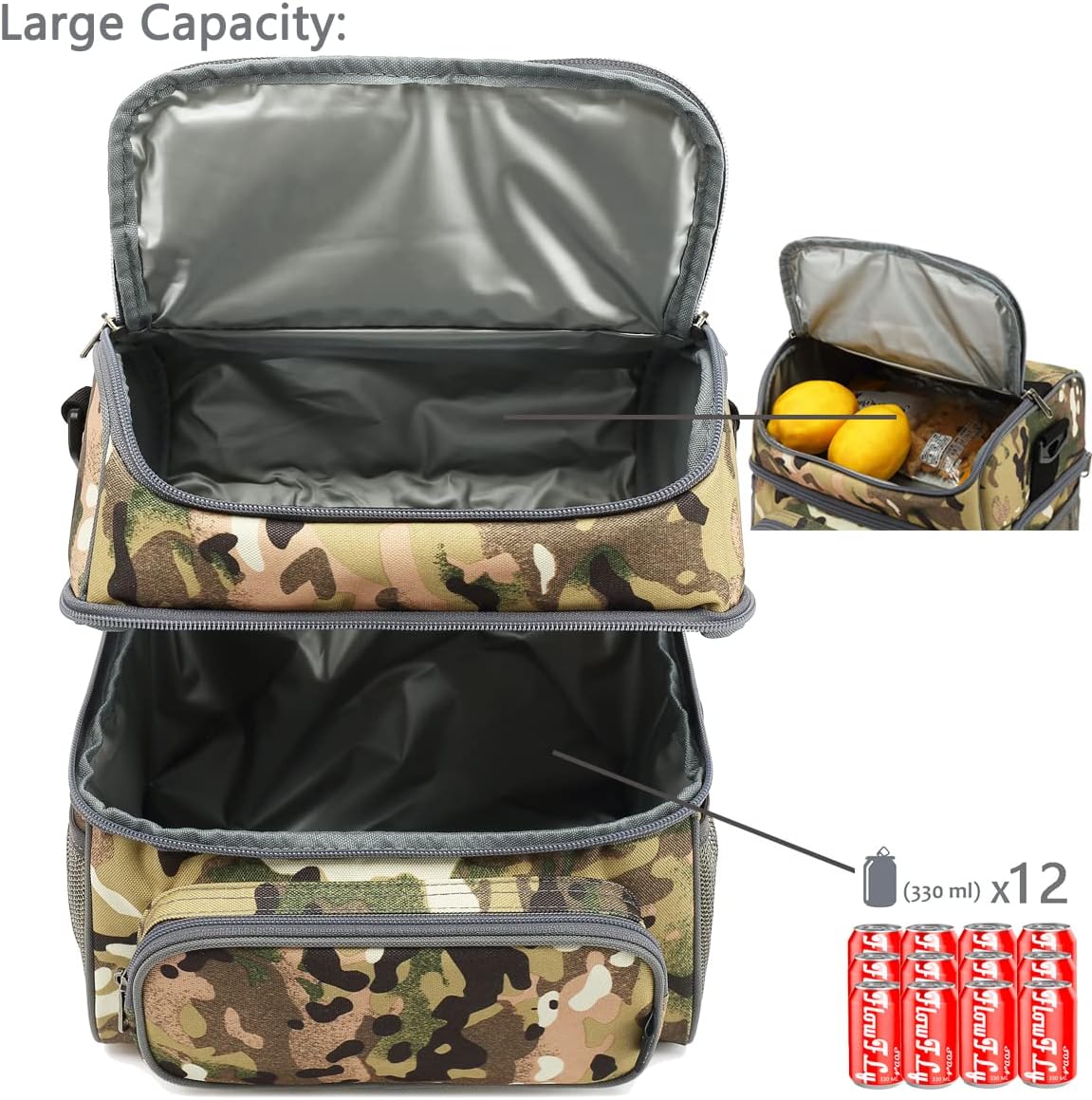 FlowFly Double Layer Cooler Insulated Lunch Bag Adult Lunch Box Large Tote Bag for Men, Women, With Adjustable Strap,Front Pocket and Dual Large Mesh Side Pockets