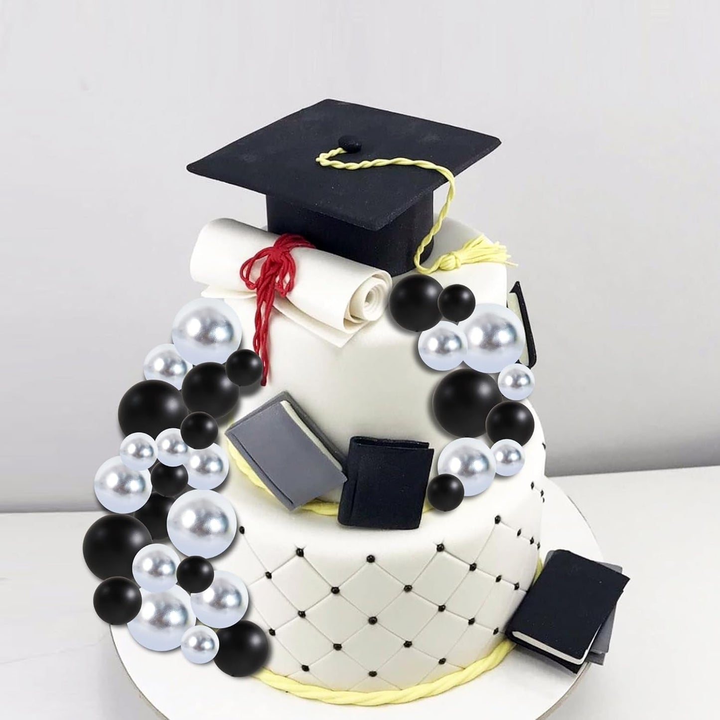 BEISHIDA 40 Pcs Ball Cake Toppers Mini Balls Cake Decorations Black Silver Foam Balls Sticks DIY Cake Topper for Baking Congrats Grade 2025 Graduation Birthday Retirement(Black Silver)