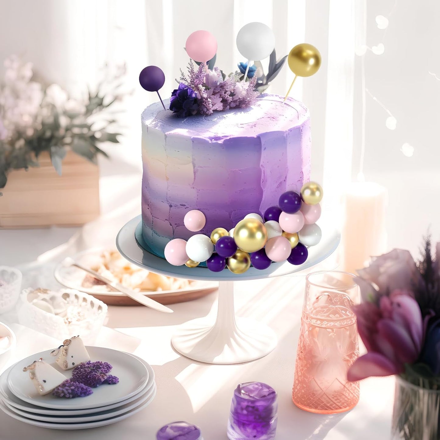 48 Pcs Balls Cake Topper Decorations Balloon Cupcake Toppers Foam Cake Topper Balls Cake Balls Decorations for Birthday Party Wedding Anniversary Cake Decorating (Pink, Purple, White, Gold)