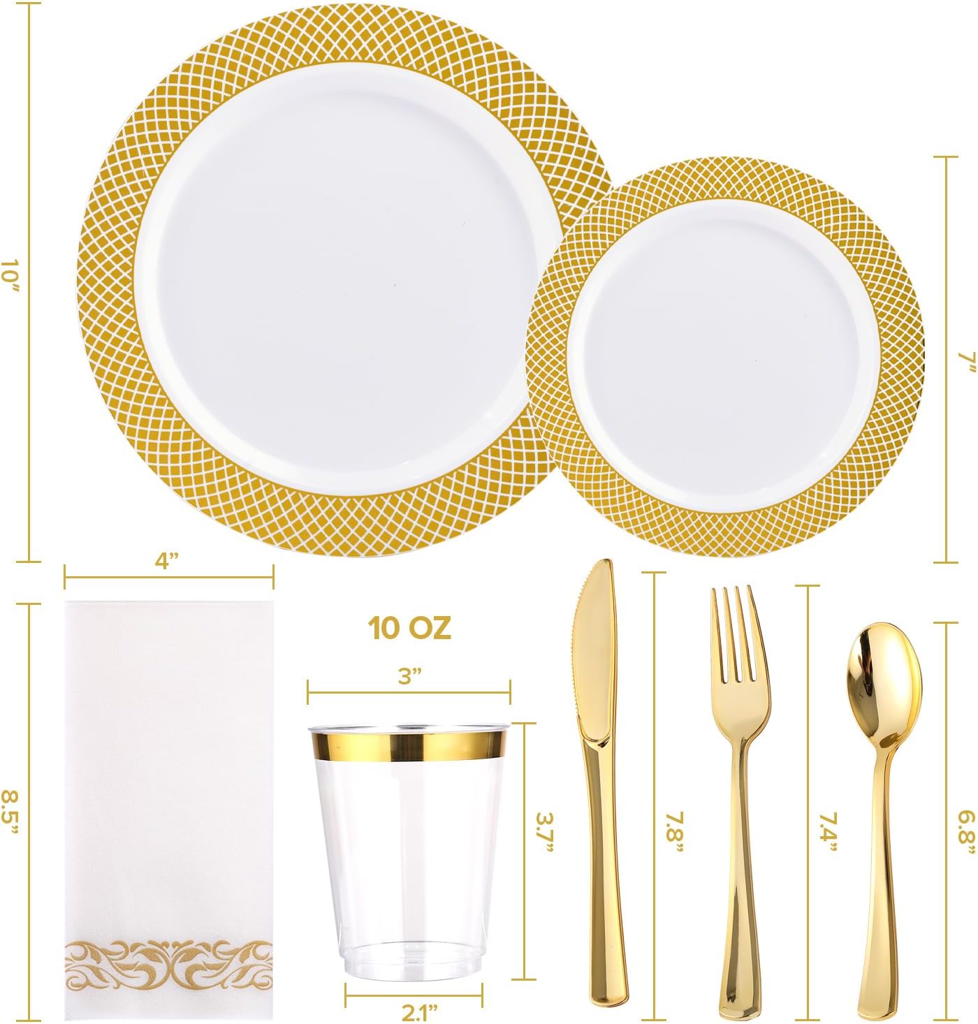 FOCUSLINE 175 Count Gold Dinnerware Set for 25 Guests - Disposable Plastic Plates with Gold Grid, Includes 25 Dinner & Salad Plates, Cups, Napkins, Cutlery Set for Wedding Parties