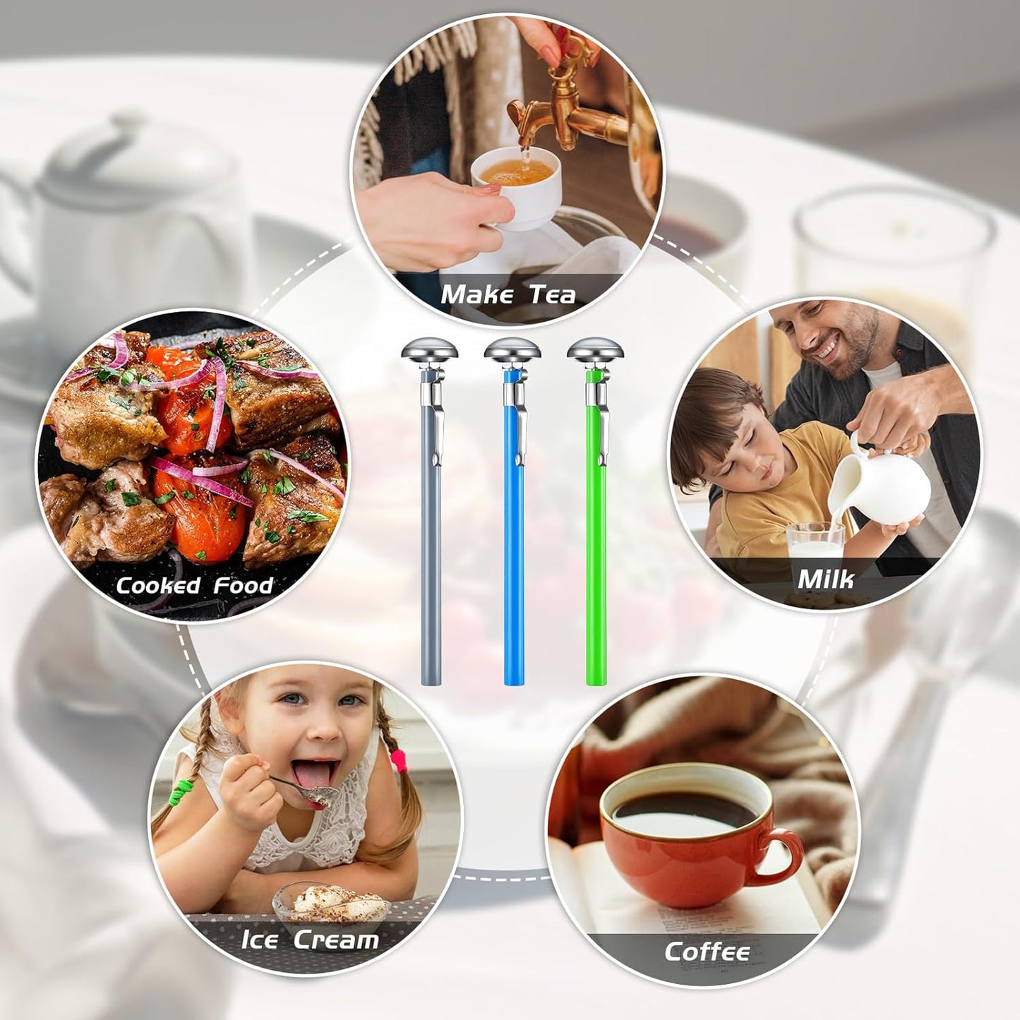 Xuhal 3 Pcs Stainless Steel Kitchen Thermometer with 5 Inch Long Stem 1 Inch Dial Thermometer Milk Frothing Food for Oven Probe Meat Grill BBQ Cooking Chocolate Water (Gray,Green,Blue)