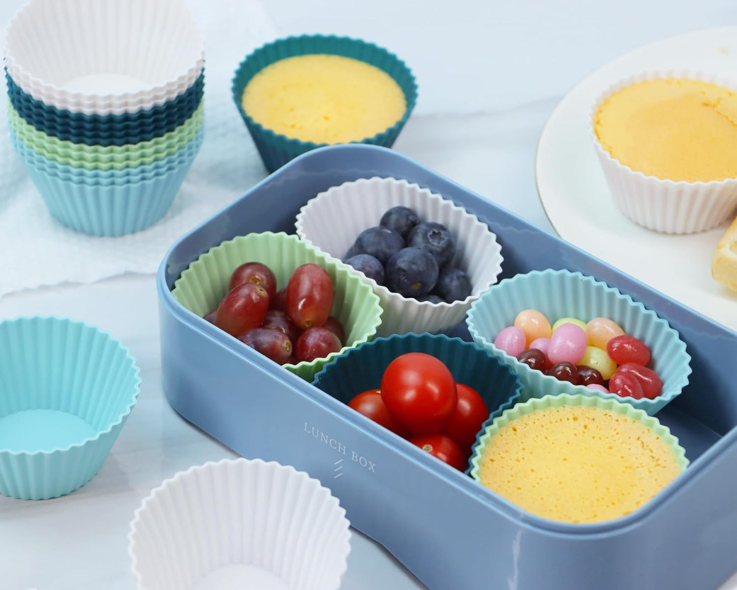 Silicone Baking Muffin Cups 12 Pack, Reusable Cupcake Liners Cake Molds, BPA Free, Dishwasher Safe(White, Green, Navy, Dusty Blue)