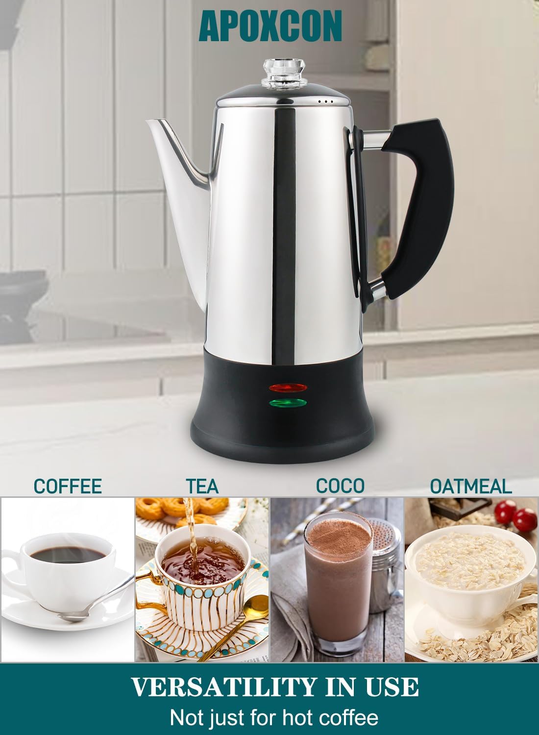 Electric Coffee Percolator Stainless Steel Coffee Maker with Two Heat Resistant Tough Glass Clear Brew Progress Knob Classic Look Keep Warm & Cordless Serving Coffee Pot 12 Cup