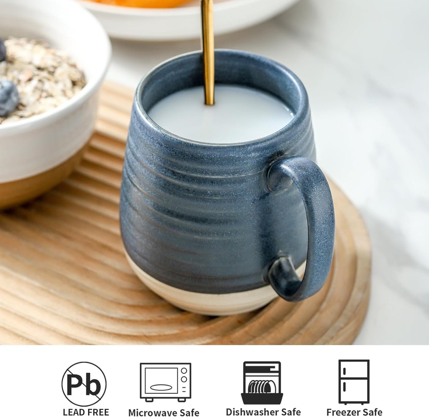 Hasense Ceramic Coffee Mugs Set of 2, 20 oz Tea Cups with Comfortable Handles, Perfect for Coffee, Latte, and Hot Beverages, Microwave and Dishwasher Safe, Deep Blue