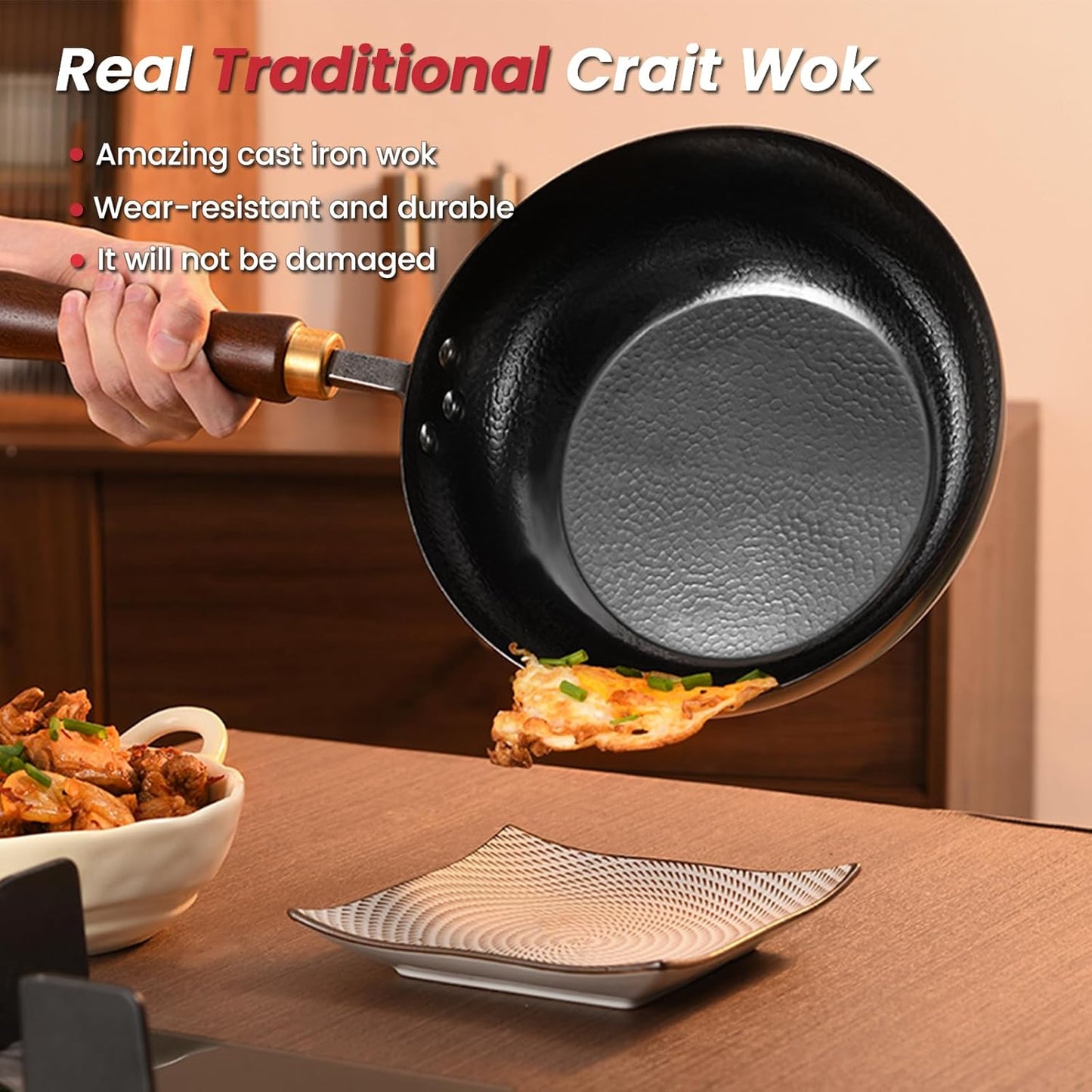 Carbon Steel Wok Pan, 10.2 “ Woks & Stir-Fry Pans with Wooden Lid Cookwares, Nonstick Wok, No Chemical Coated Flat Bottom Hand Hammered Chinese Wok For for Electric, Induction, for All Stoves