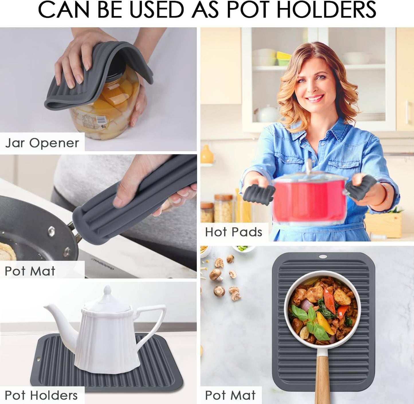 4 PCS Silicone Trivet for Hot Dishes, Silicone Hot Pads Trivets Mat for Hot Pots and Pans, Heat Resistant Hot Mats, Pot Holders, Tables Mats for Countertop, Jar Opener, Drying Mat (Dark Grey)