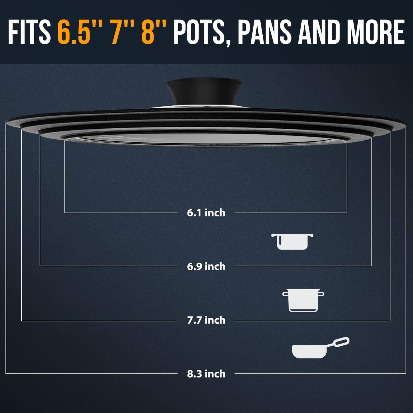 Universal Lid for Pots, Pans and Skillets & Frying Pan - Small Pan lids Fits 6.5", 7" and 8" Diameter Cookware - Tempered Glass with Heat Resistant Silicone Rim