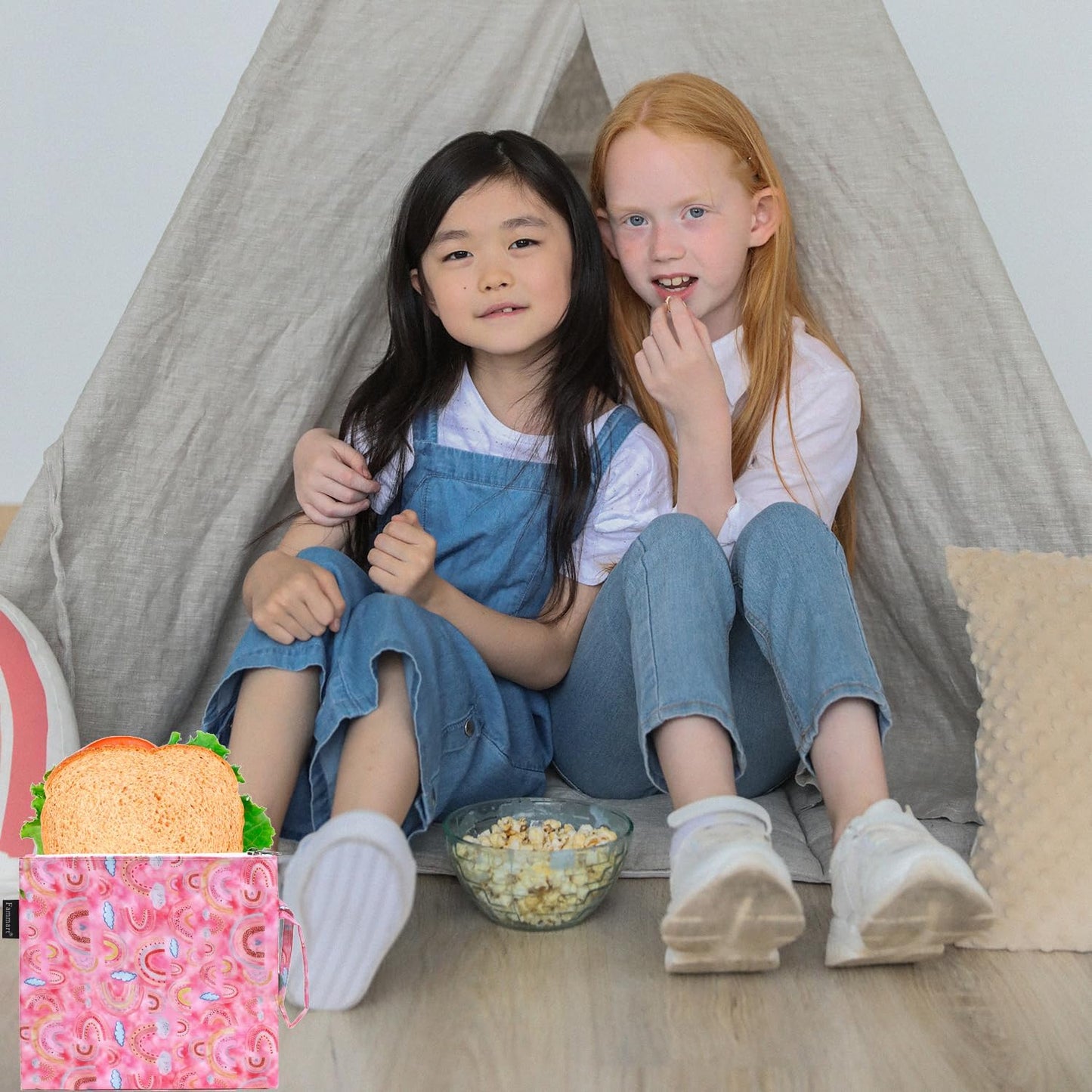 Reusable Sandwich Bag/Snack Bag for Kids & Adults, Dual Layer Lunch Bag with Handle, Washable, Food Safe, BPA Free (1-Pack, Rainbow)