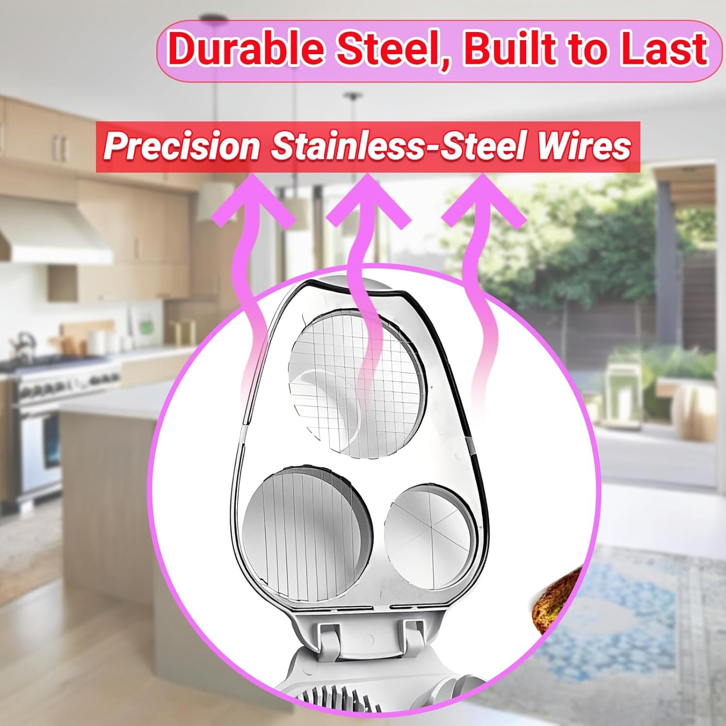 3 In 1 Egg Slicer, Stainless Steel Multipurpose Egg Cutter, 3 Way Egg Dicer for Hard Boiled Eggs, Grape and Tomato Chopper for Strawberry, Salad, Fruit and Vegetable (Yellow)