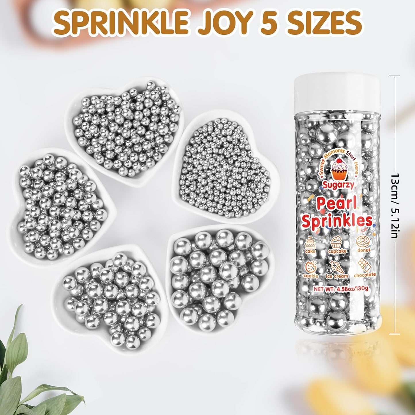 Silver Pearl Sprinkles, Edible Pearl Sugar Sprinkle,Mix Size,Baking Edible Cake Decorations,Cupcake Toppers,Cookie Decorating Donuts Ice Cream Toppings,Wedding Birthday Party Valentines Christmas Supplies,130g/4.58oz