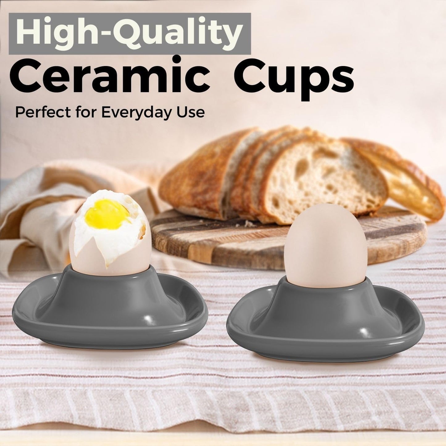 Flexzion Egg Cups for Soft Boiled Eggs - Set of 6 Ceramic Egg Holder - Stackable Egg Coddler Cups with Base for Serving, Breakfast, Brunch - Kitchen Table Decor, Gray