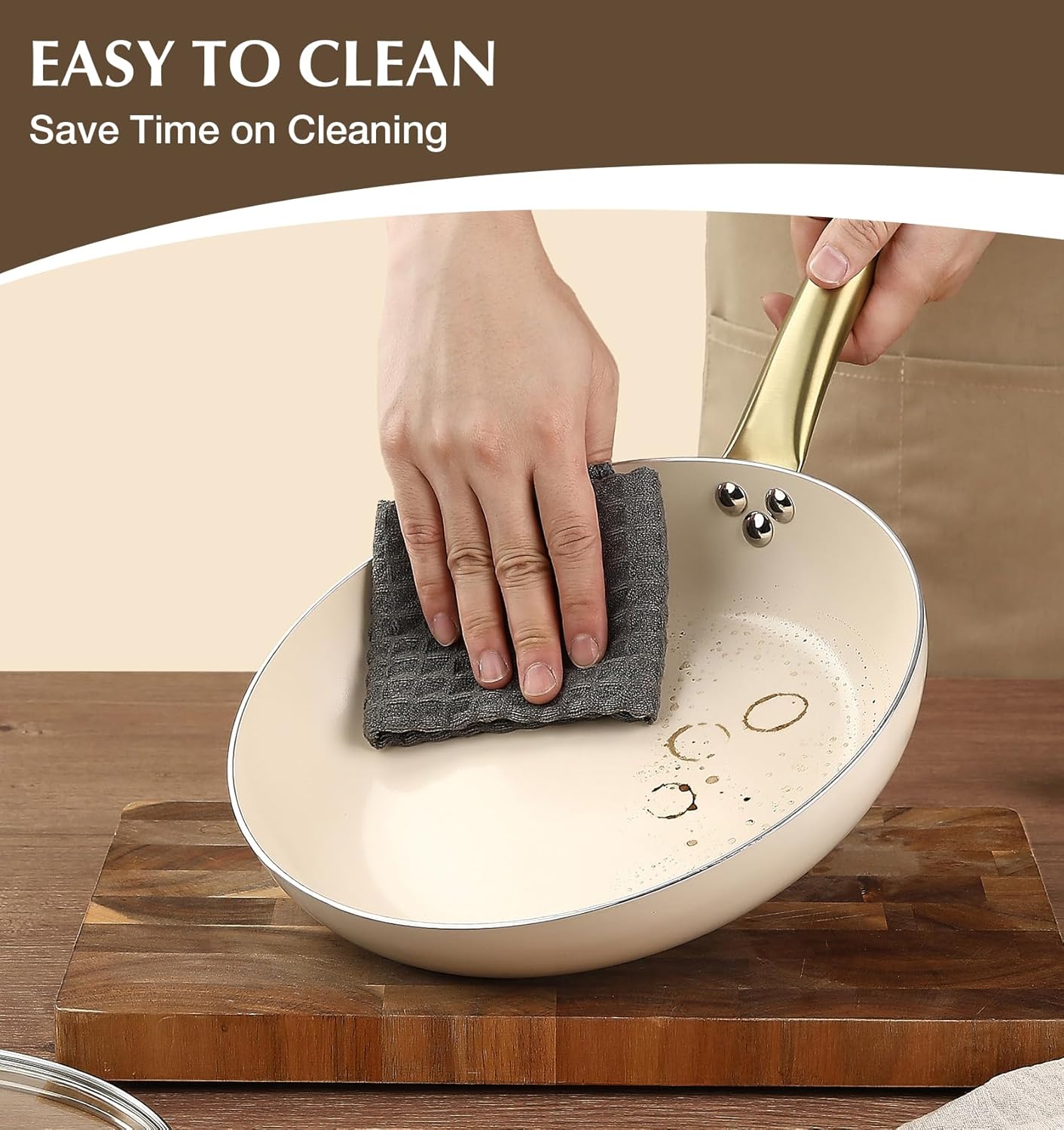 KOCH SYSTEME CS Nonstick Frying Pan with Lid, 8 Inch Non-Stick Skillet with Gold Stay-Cool Stainless Steel Handle, Omelet Pan with Nonstick Ceramic Coating, PFOA Free, Oven Safe, Cream White