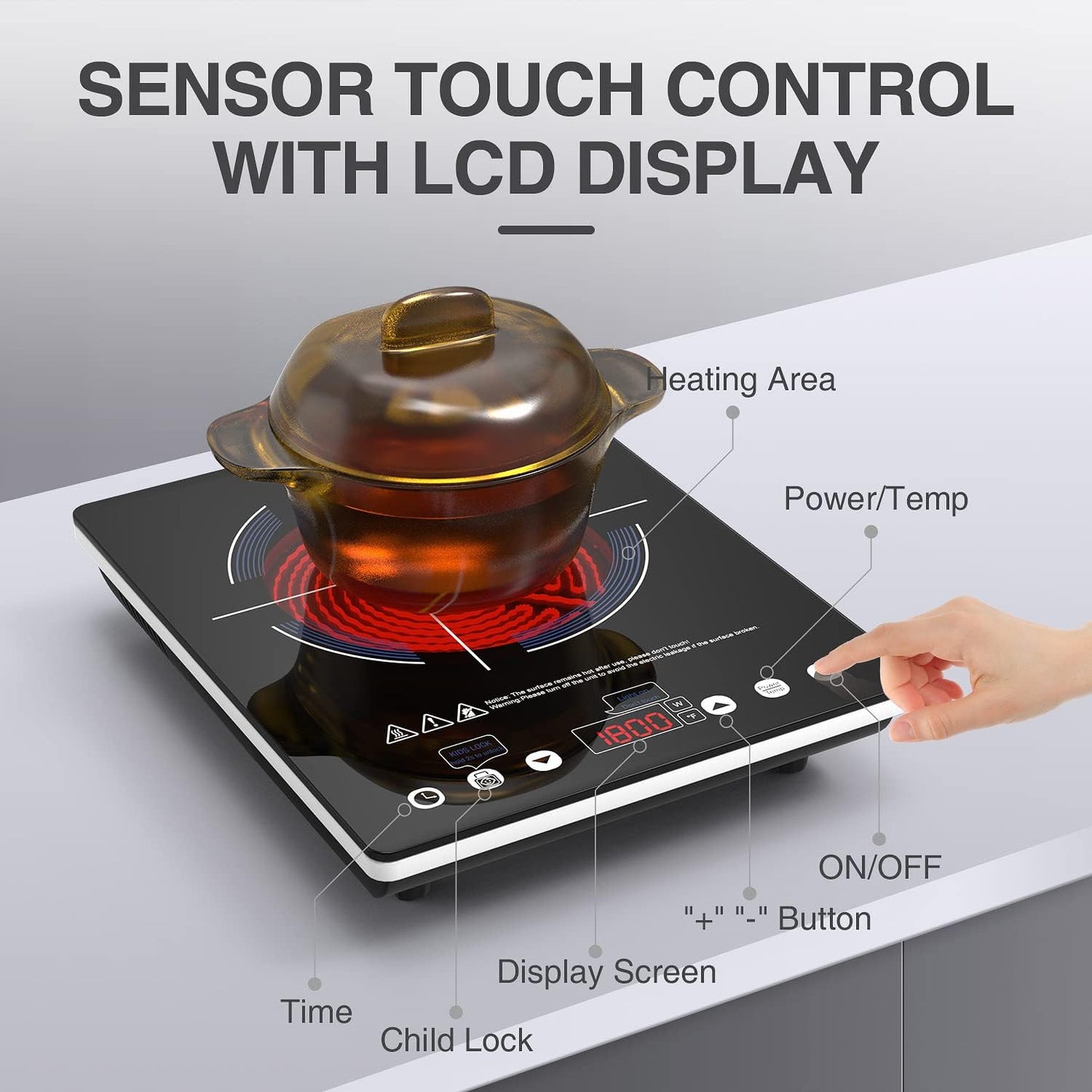 Electric Cooktop 110v,Single Burner Electric Stove Infrared Cooktop Hot Plate 1800W,4-Hour Setting,Black Crystal Glass Surface Compatible for All Cookware