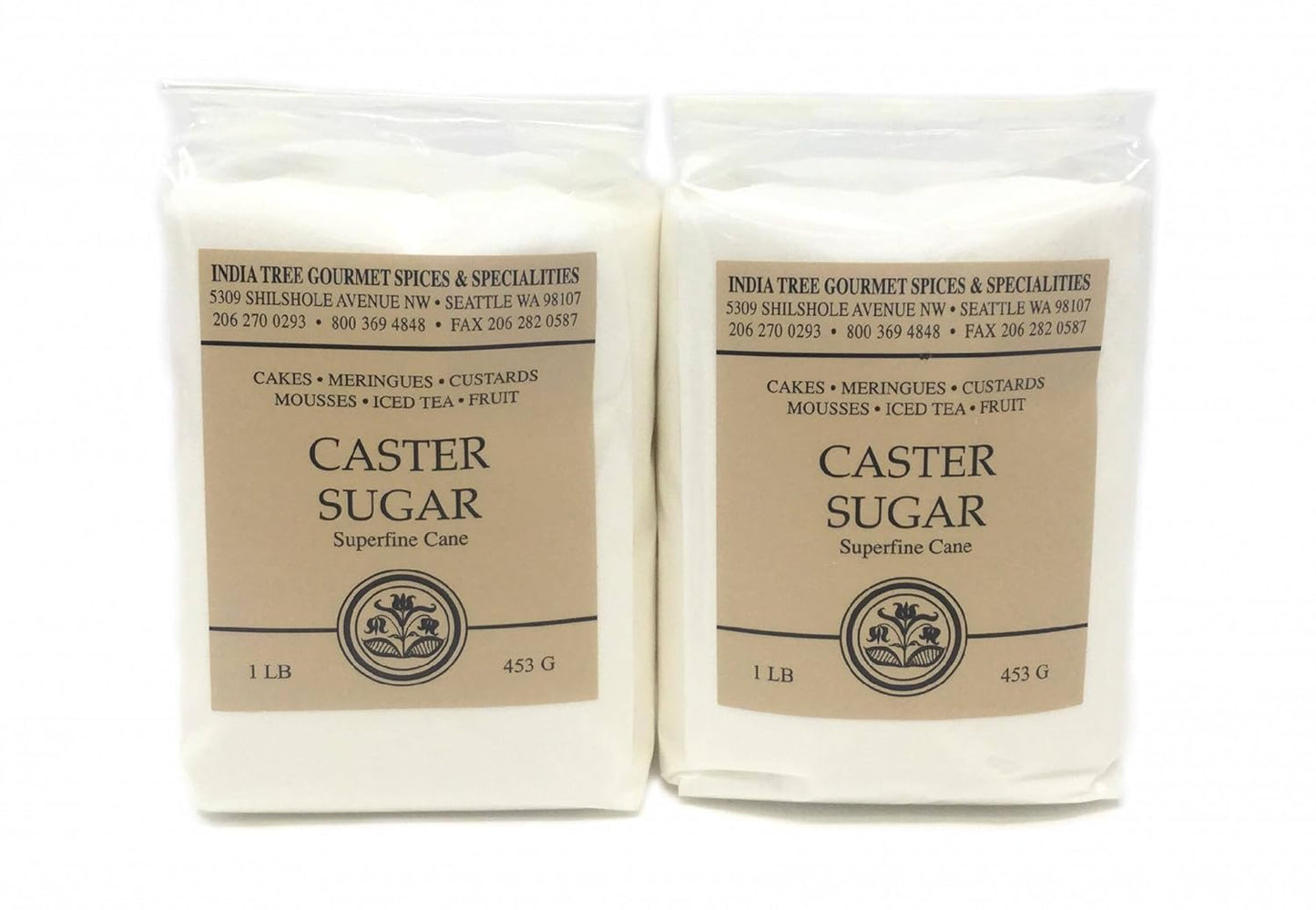 Superfine White Caster Bakers Sugar. Quick Dissolve Grains, Extra Ultra Fine Ground Sugar for Baking. 2 Packs of 1 Pound Bags.