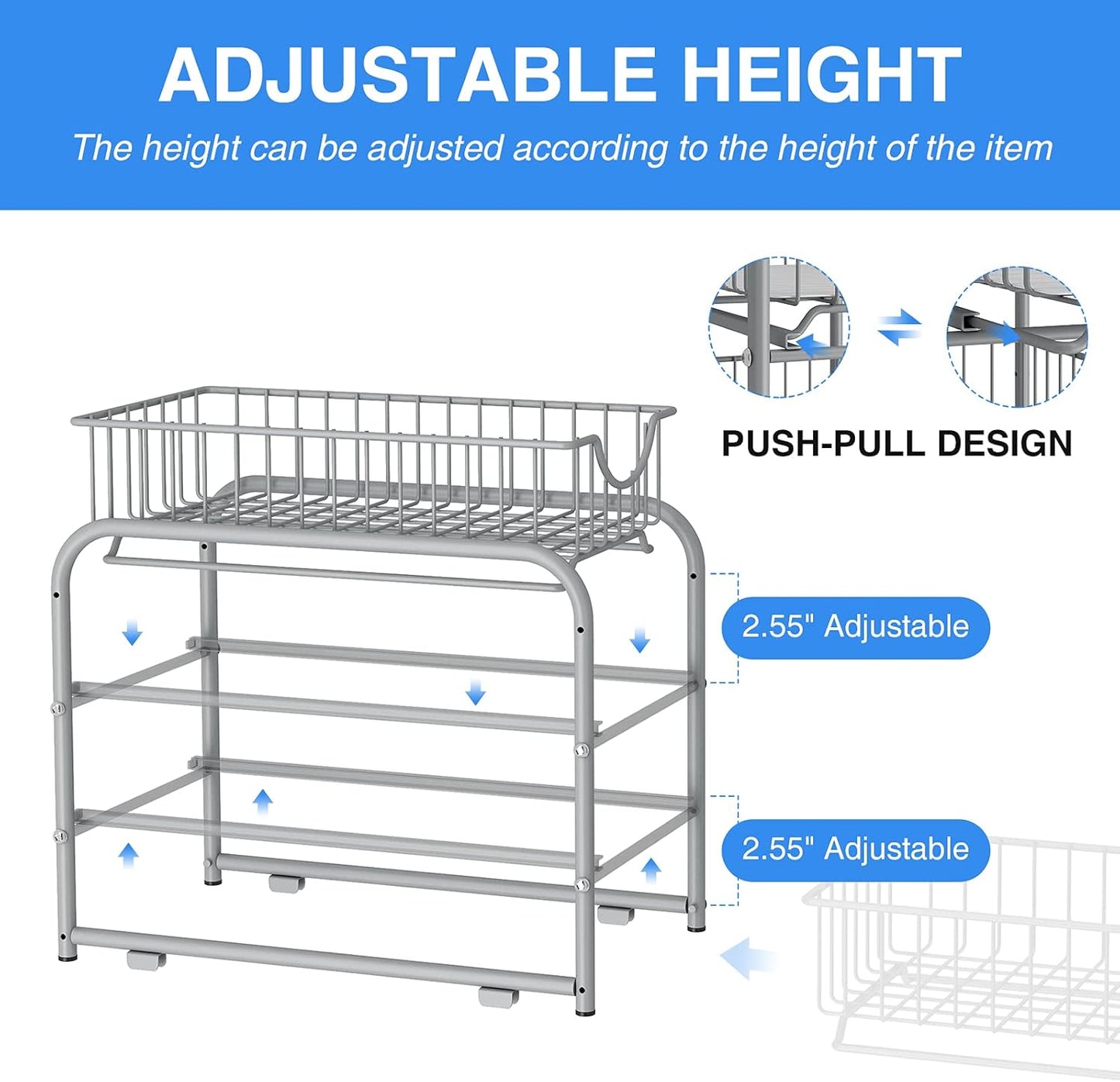 AIYAKA under sink storage 2 Tier Stackable Sliding Basket Organizer Drawer For Kitchen And Bathroom/Cabinet Drawers,silver