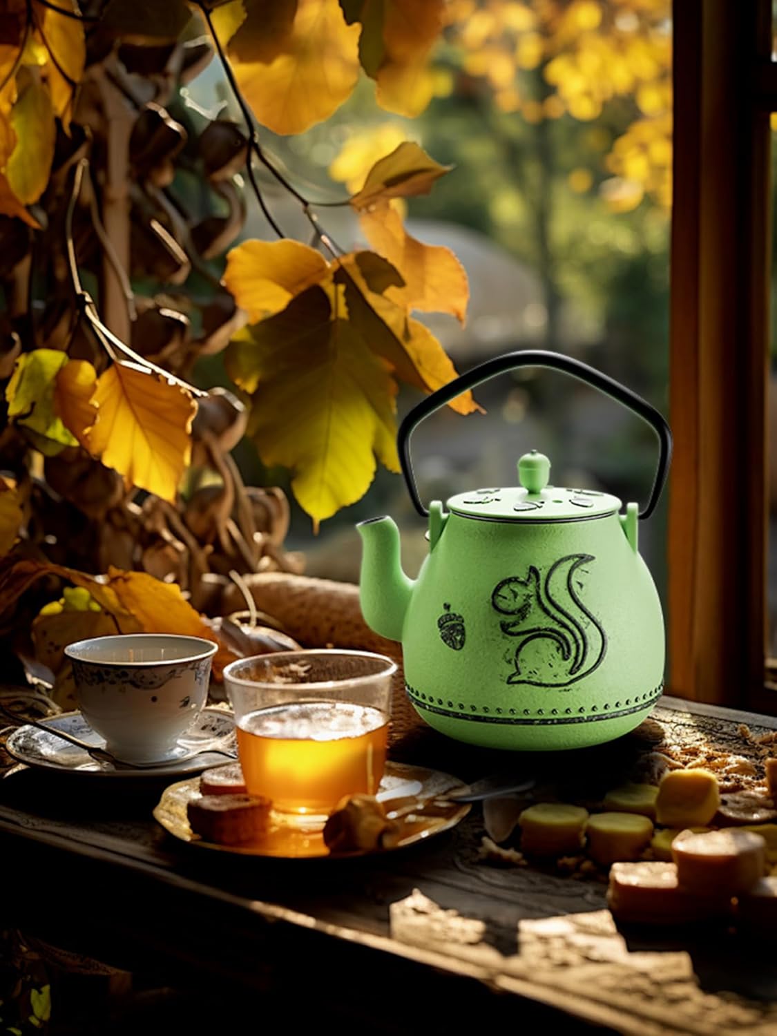 Toptier Teapot with Removable Infuser, Cast Iron Tea Kettle Stovetop Safe, Squirrel Design Tea Pot Coated with Enameled Interior for 32 Ounce (950 ml), Bright Green