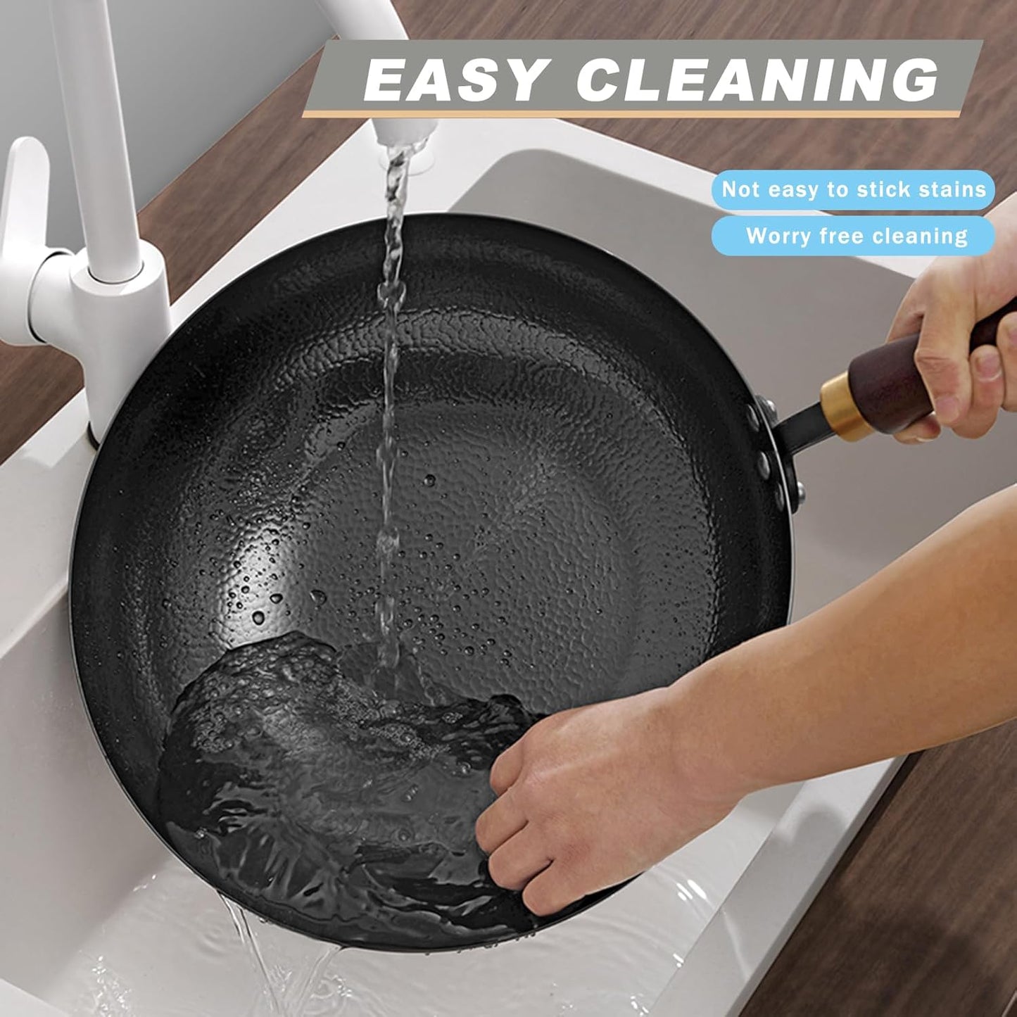 Carbon Steel Pan, 13.5″ Woks & Stir-Fry Pans with Wooden Lid Cookwares, Nonstick Wok, No Chemical Coated Flat Bottom Hand Hammered Chinese Wok For Gas