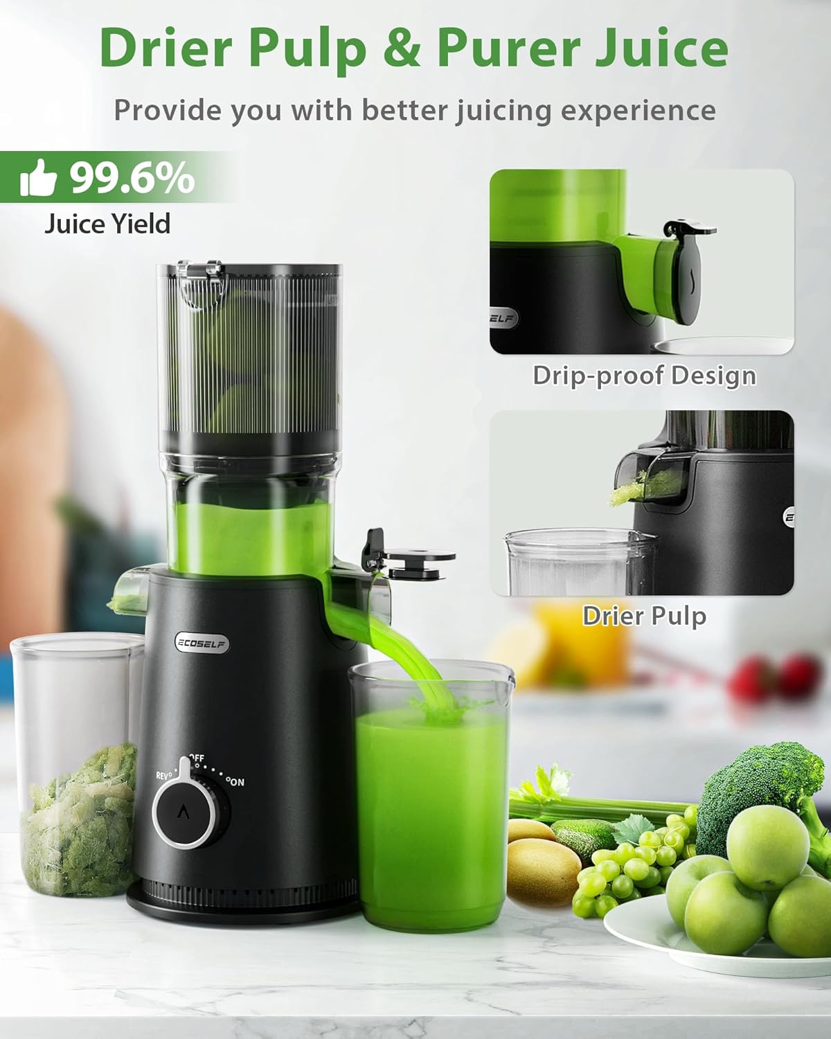 Cold Press Juicer, ECOSELF Juicer Machines with Large Feed Chute for Family Needs, Hands Free For Whole Fruits & Vegetables, Self Feeding for Juice Extractor Machine, Easy to Clean