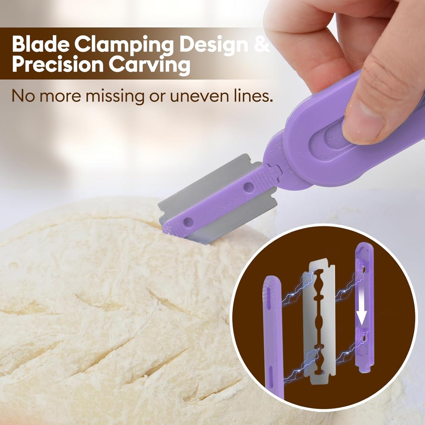 MOJOHAND Bread lame for Dough, Magnetic & Reusable Bread Lame Dough Scoring Tool, Anti-Slip Handle with Long Retractable Razor blades, Sourdough Scoring tool for Bread Making (Purple)