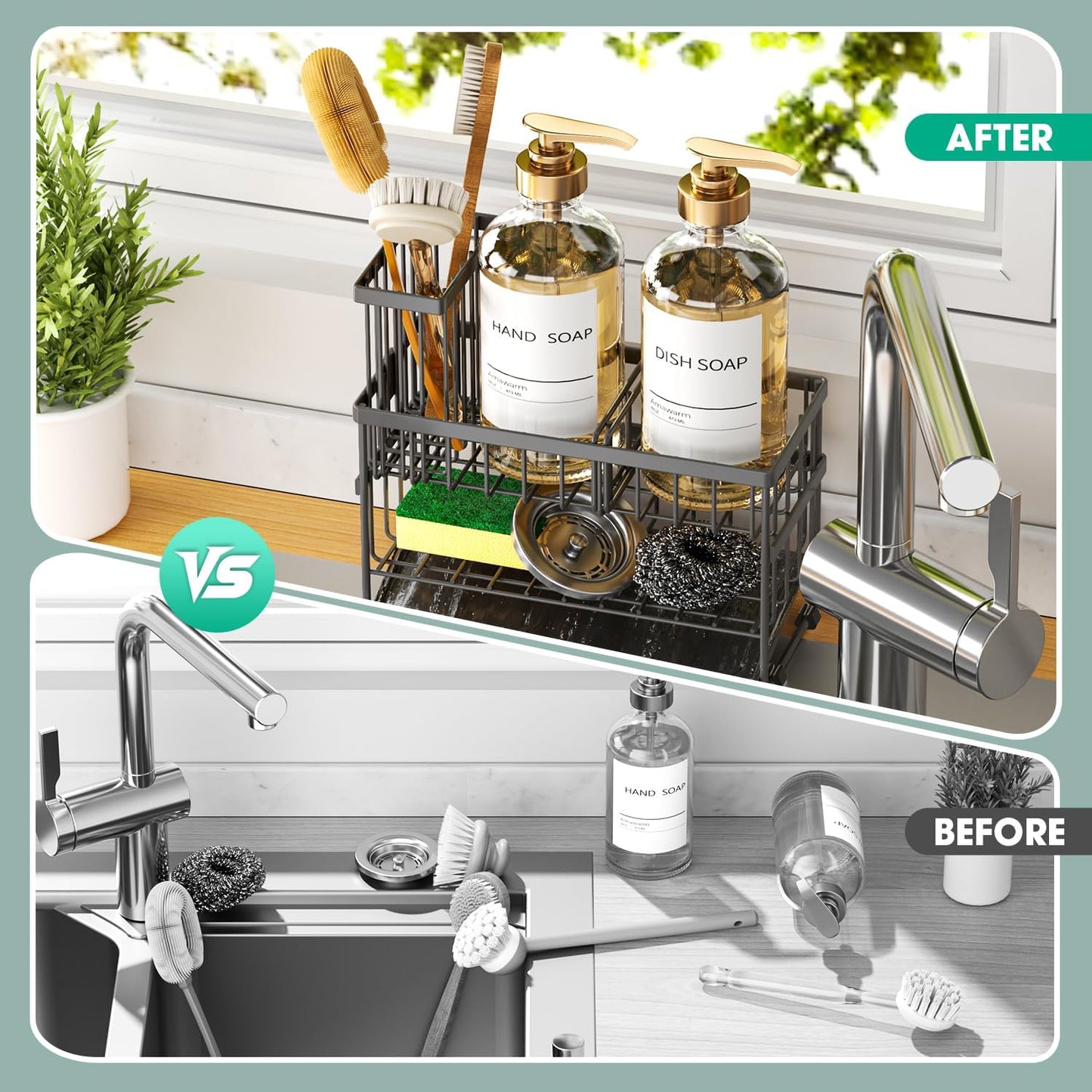 Sponge Holder for Kitchen Sink, 2 Tier Sink Caddy Organizer with High Brush Holder, Self-Draining Sponge Holder for Sinks, Soap Dispenser Organizer, Rustproof 304 Stainless Steel, Gray