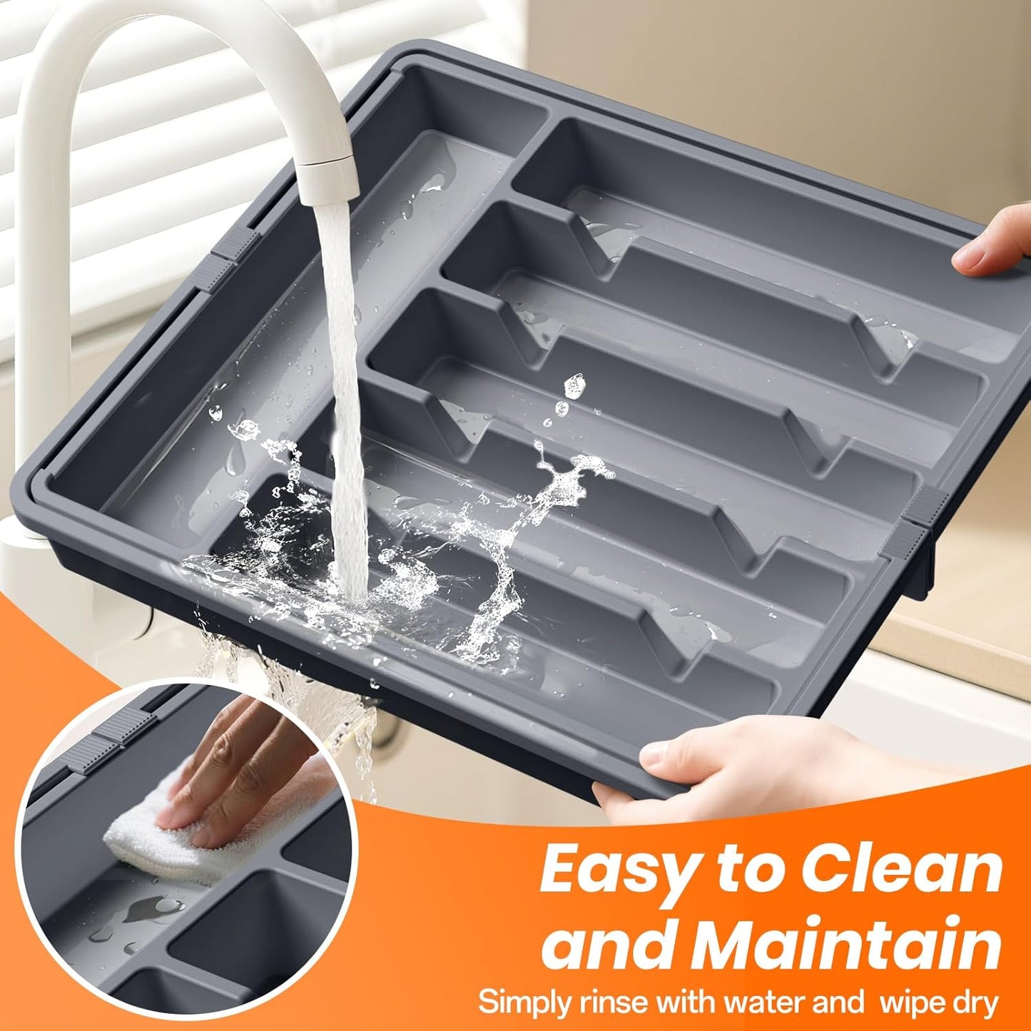 Large Silverware Organizer,Expandable Utensil Drawer Organizer,BPA Free Utensil Holder,Adjustable Silverware Tray Cutlery Drawer Organizer for Kitchen Flatware,Large,Grey,2 Pack