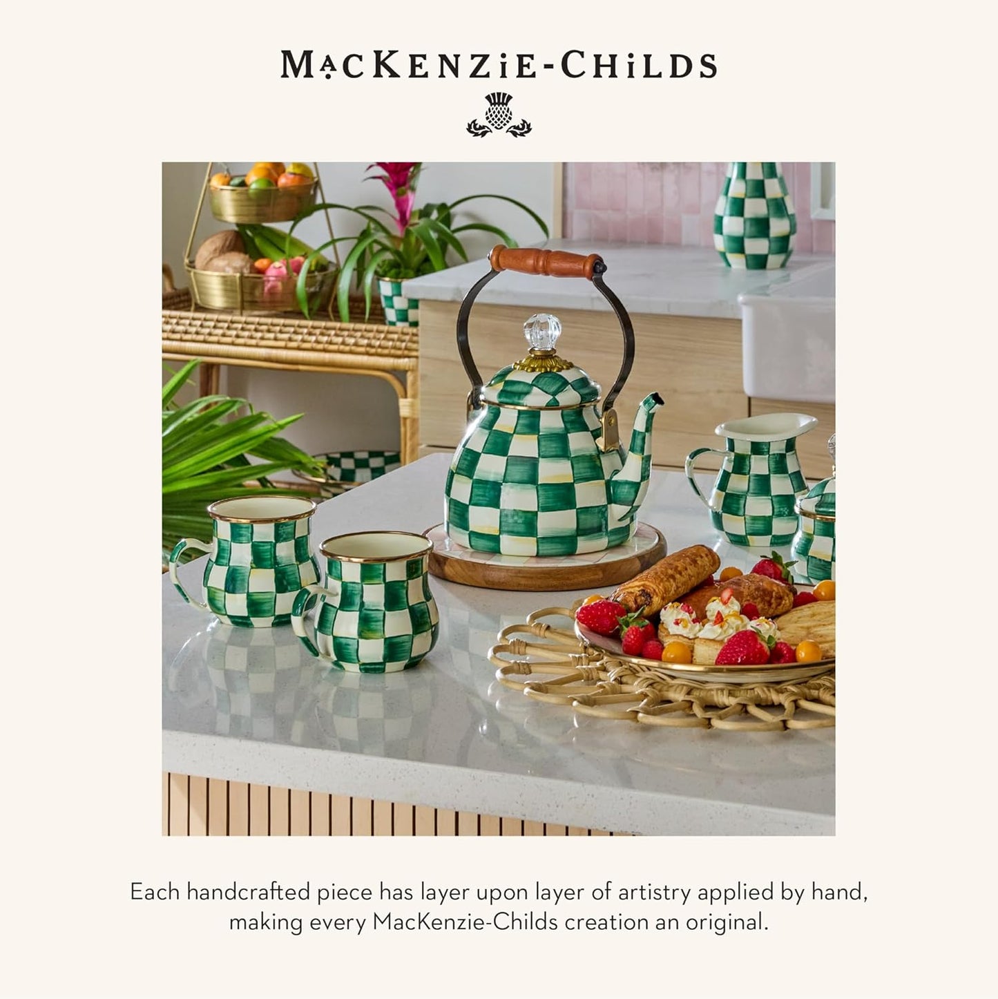 MACKENZIE-CHILDS Enamel Lidded Sugar Bowl, Small Serving Bowl with Lid, 10-Ounce Capacity, Green-and-White Emerald Check
