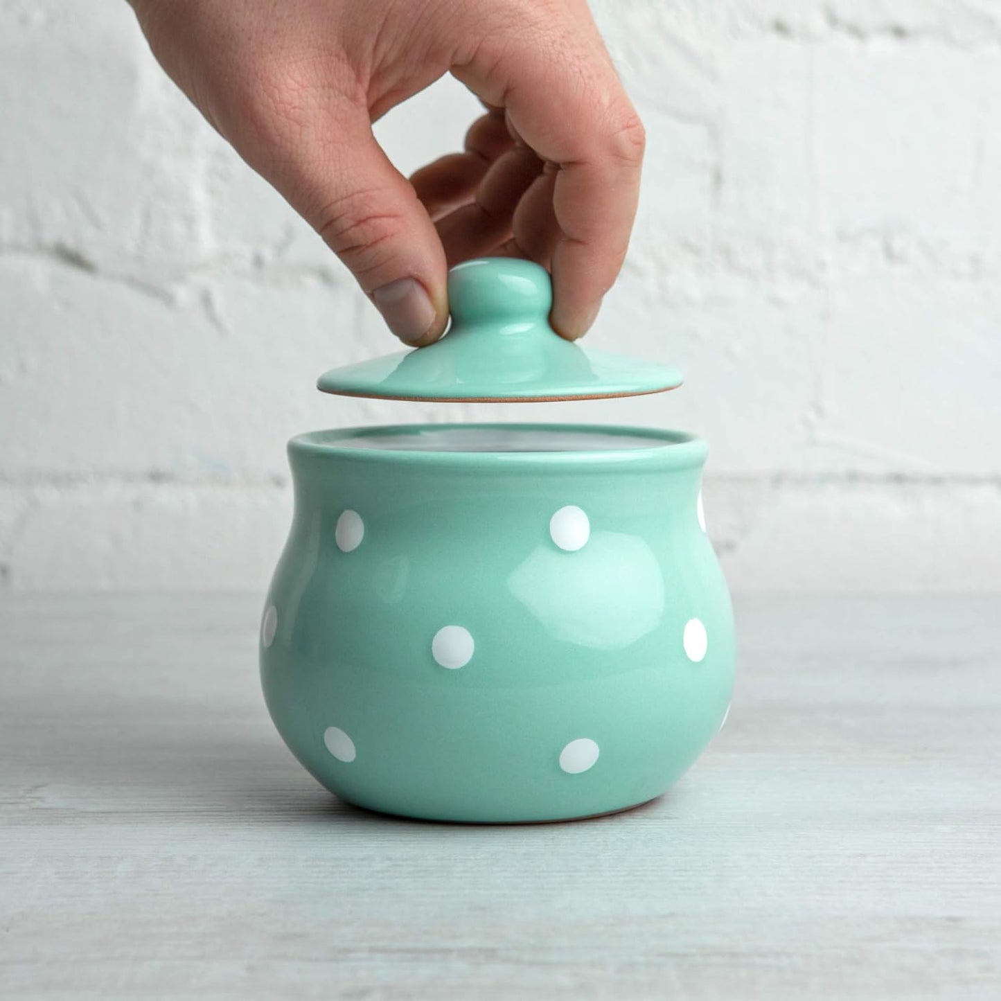 City to Cottage Ceramic Sugar Bowl with Lid, 10oz Sugar Contanier for Coffee Bar, Sugar Dispenser Bowl, Salt - Condiment Pot for Kitchen Counter, Handcrafted turquoise Blue Polka Dot Sugar Jar