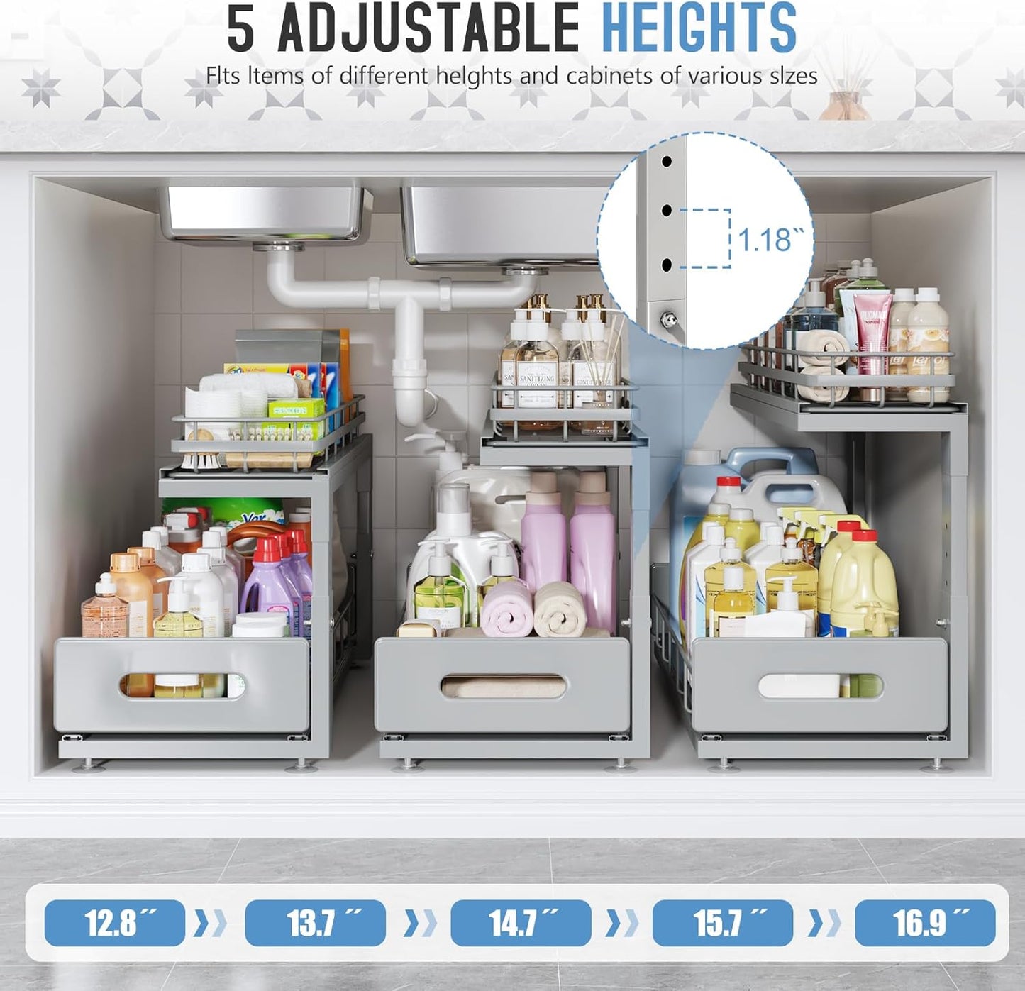 1 Pack Under Sink Organizer Upgrade to Professional Rails,2-Tier Dual Pull Out Cabinet Storage,Height Adjustable Slide Out Drawers for Bathroom Kitchen,Under Sink Shelf-Gun Gray