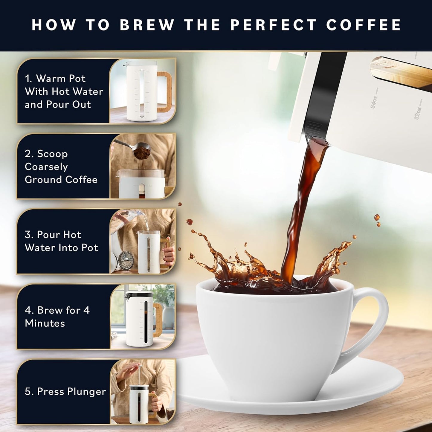 Home Hero French Press Coffee Maker - 34 oz Coffee Press with Bamboo Wood Handle, Heat Resistant Thick Borosilicate Glass French Presses, 4 Layer Filter, French Press Stainless Steel (Light Cream)