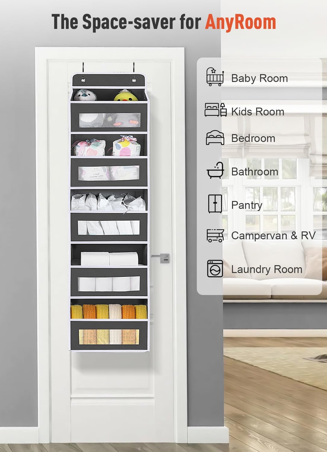 Upgrade Pocket Over The Door Organizer Storage, 5 Shelf Hanging Door Organizers with 10 Large Capacity Pockets, Anti Tilt 48 lb Load Behind Door Organizer for Bedroom, Bathroom, Pantry