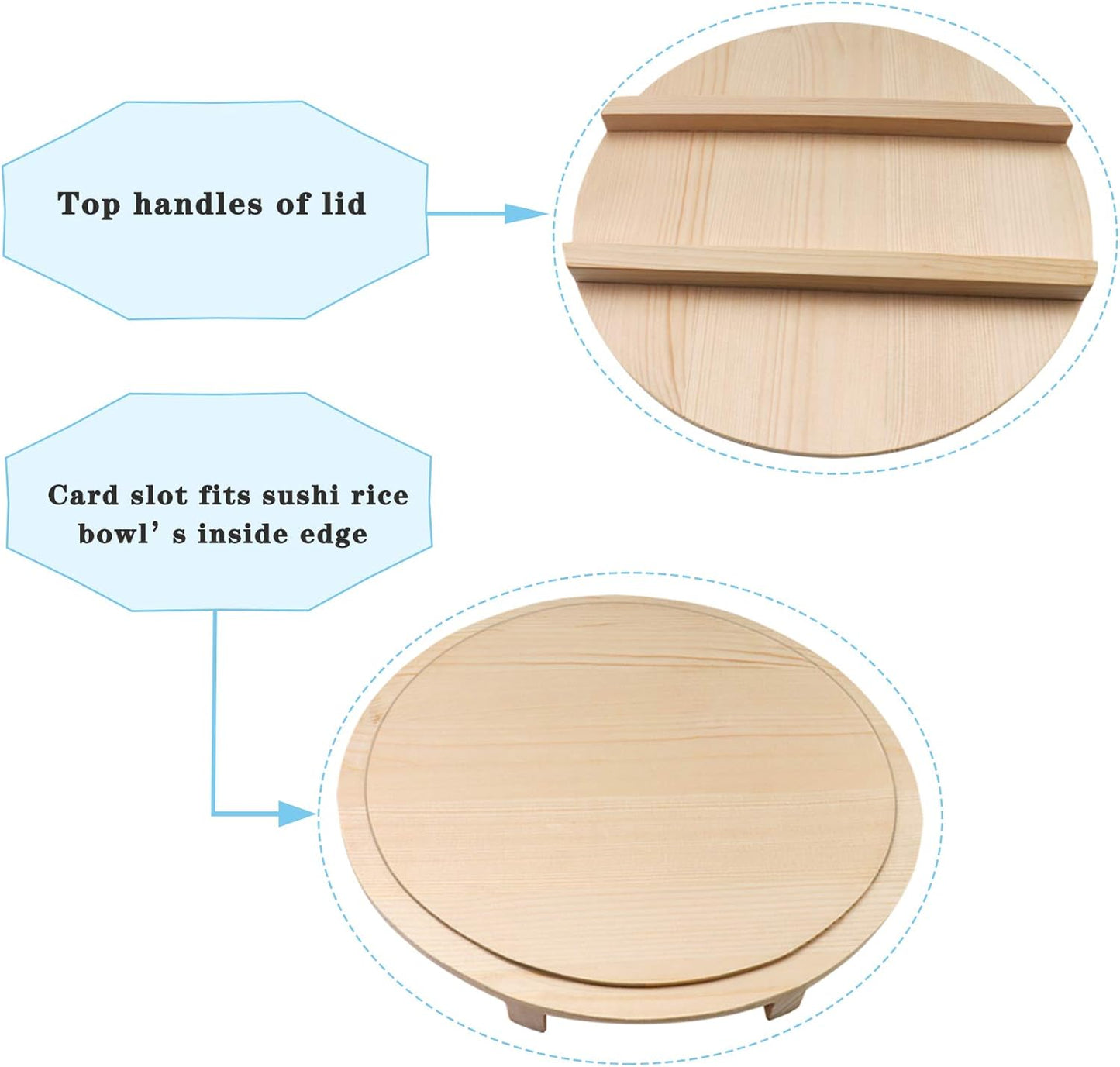 Kichgather Wooden Sushi Rice Bowl with Lid Hangiri Sushi Oke Sushi Rice Mixing Tub (13 “ with lid)