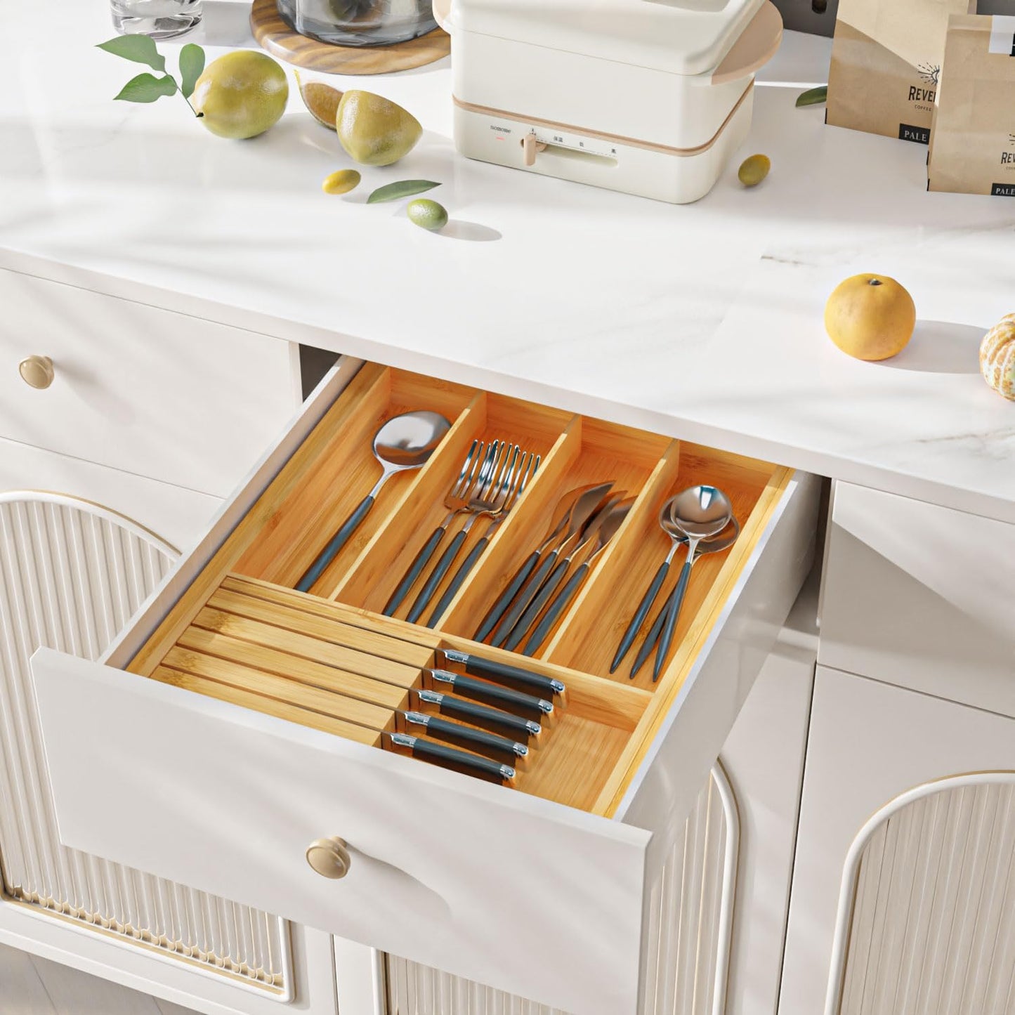 Silverware Organizer with Removable Knife Block - Bamboo Utensil Organizer for Kitchen Drawers Expandable Cutlery Organizer W12.8-20.2" x L16 x H2 (Yellow)