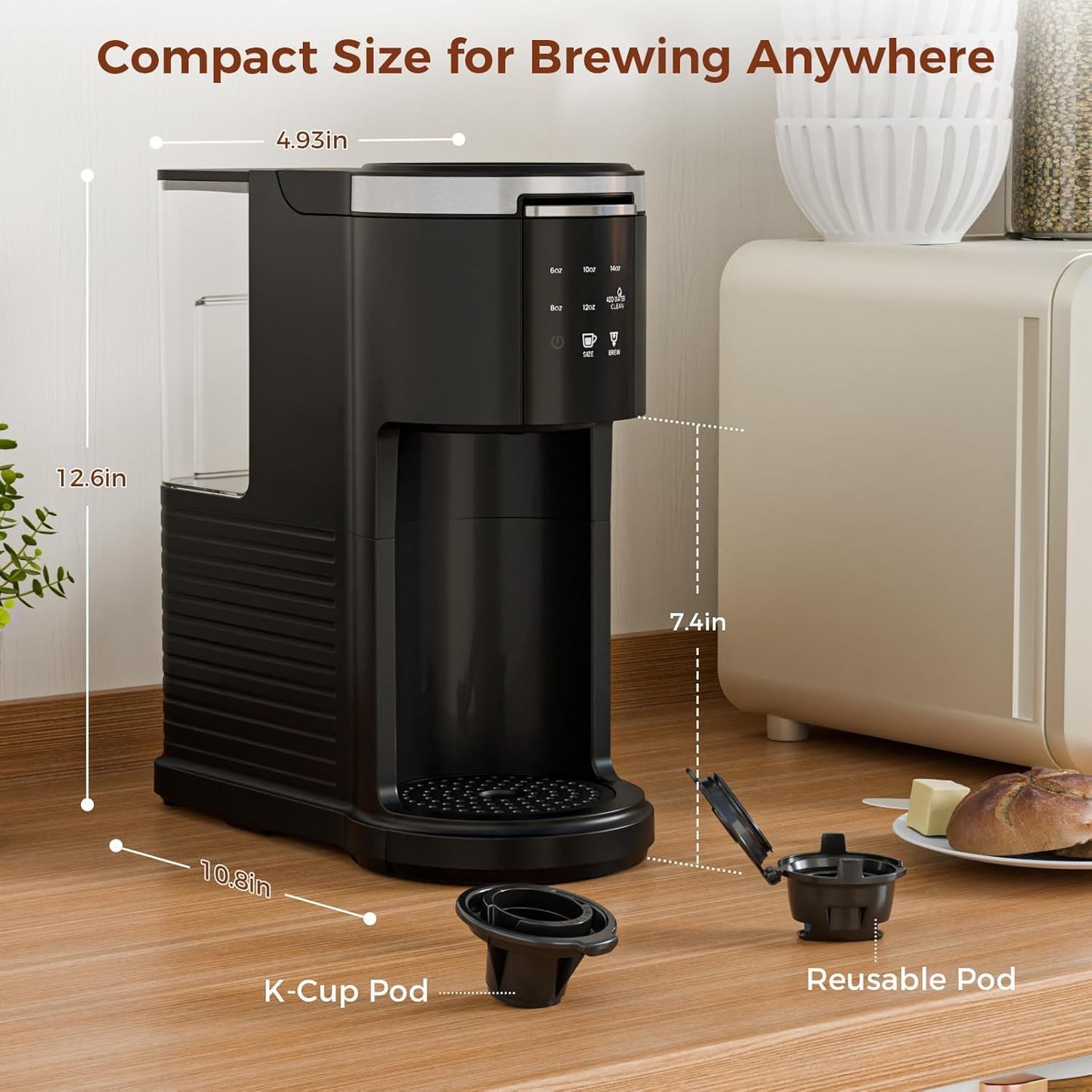 Single Serve Coffee Maker, 2 in 1 Coffee Machine for K-Cup & Ground Coffee, 6 to 14oz Brew Sizes, Self-cleaning Pod Coffee Makers with 40oz Removable Water Reservoir, LCD Screen, Black