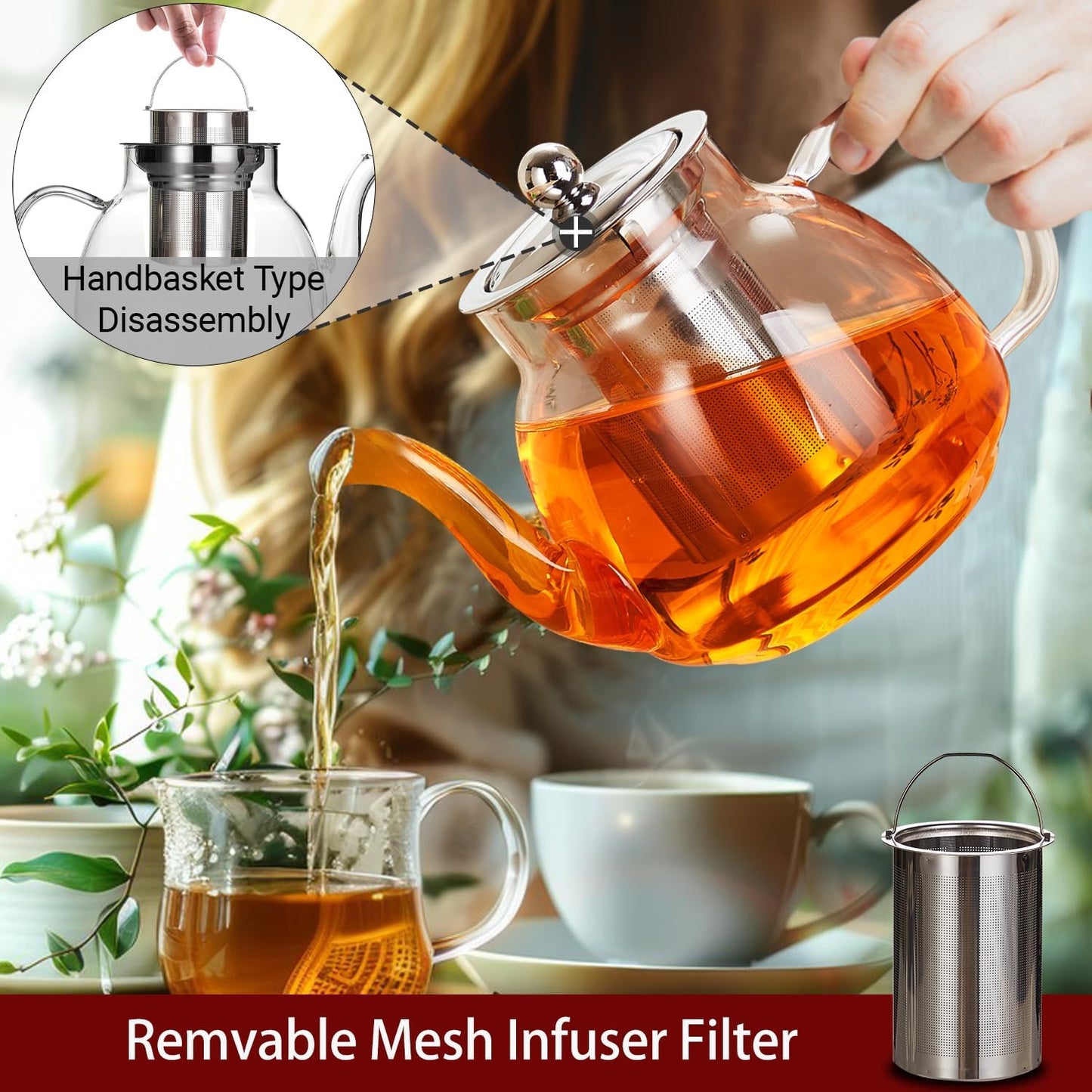Glass Teapot with Removable Infuser - 37oz/1100ml Borosilicate Glass, Stovetop & Microwave Safe for Blooming & Loose Leaf Tea, Handmade Tea Maker Gift