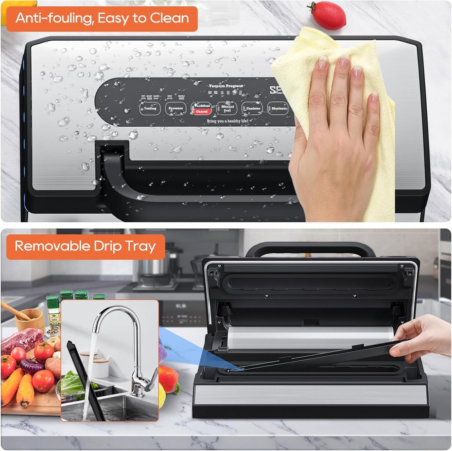 Upgraded Vacuum Sealer for Liquid, SEATAO 90Kpa Vacuum Sealer Machine for Dry/Moist/Liquid Food, Easy-Lock Handle, Double Heat Seal, Built-in Cutter and Bag Storage & Removable Drip Tray