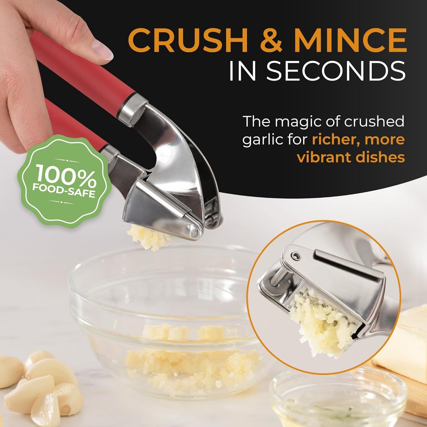 ORBLUE Garlic Press Stainless Steel - Premium Professional Grade Garlic Mincer, Crusher & Peeler Set - Easy Clean, Dishwasher Safe & Rust-proof, Red